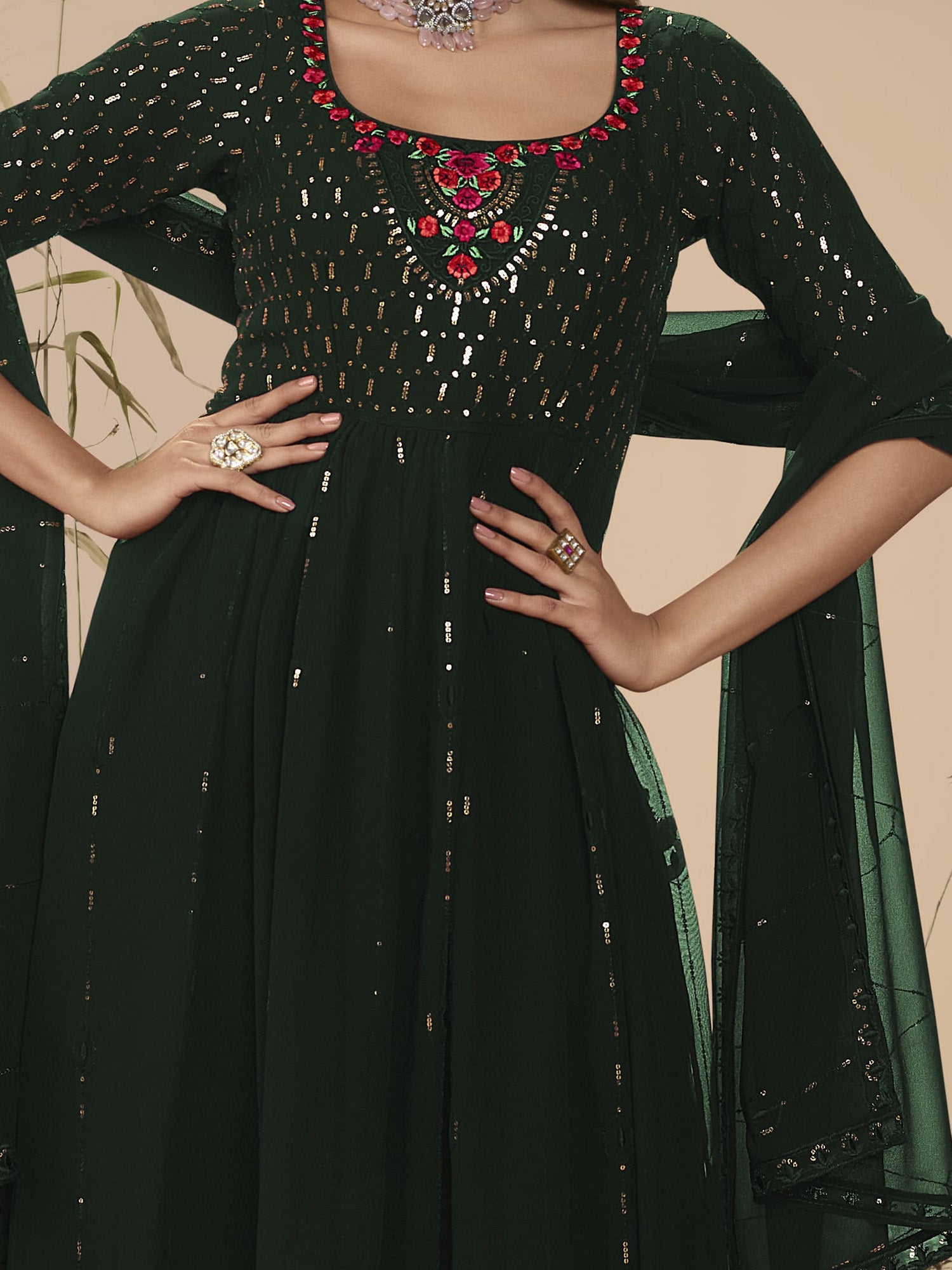 Beautiful Green Sequins Georgette Ready-Made Palazzo Suit