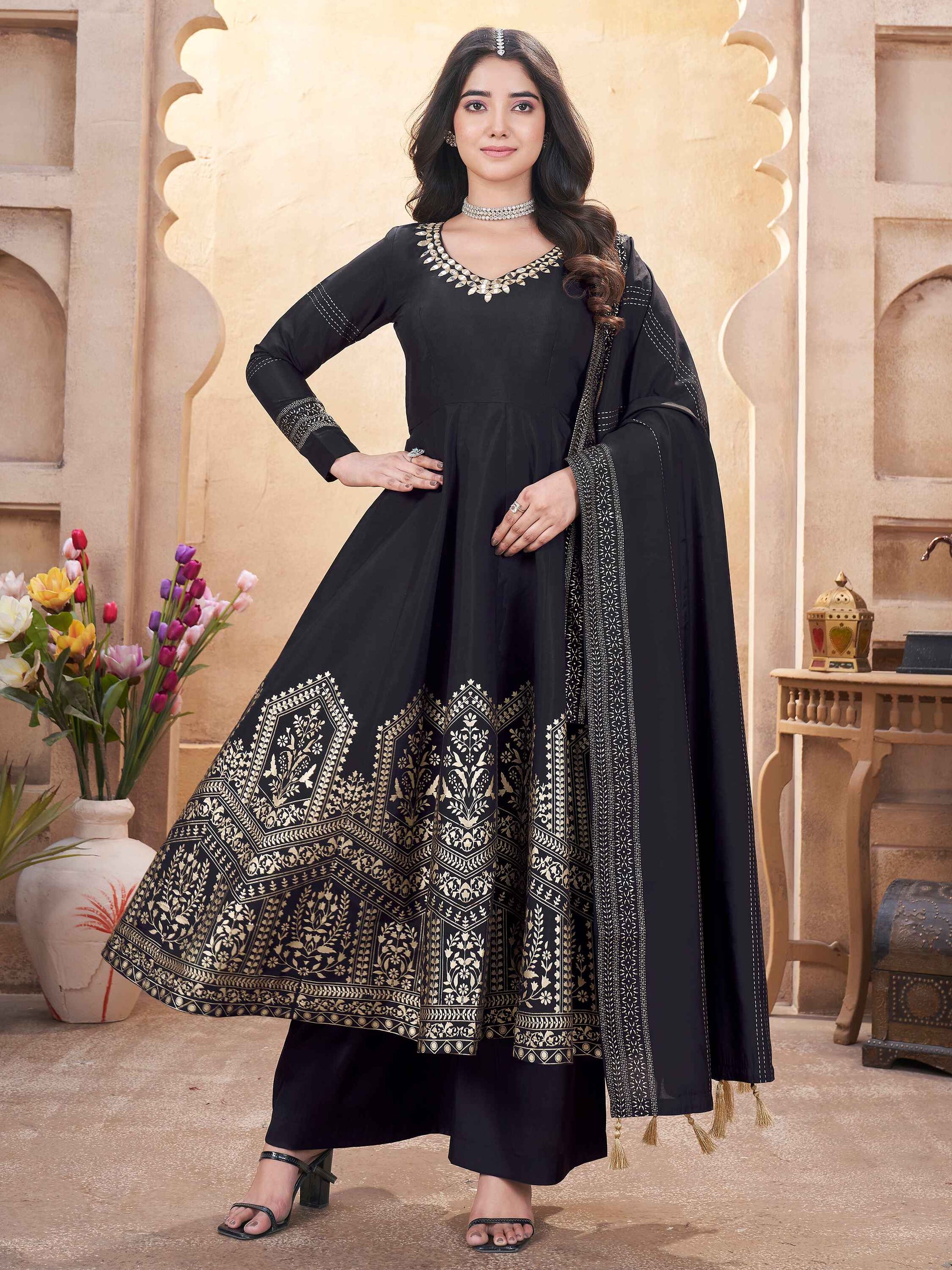 Attractive Black Foil Printed Silk Anarkali Suit Palazzo With Dupatta