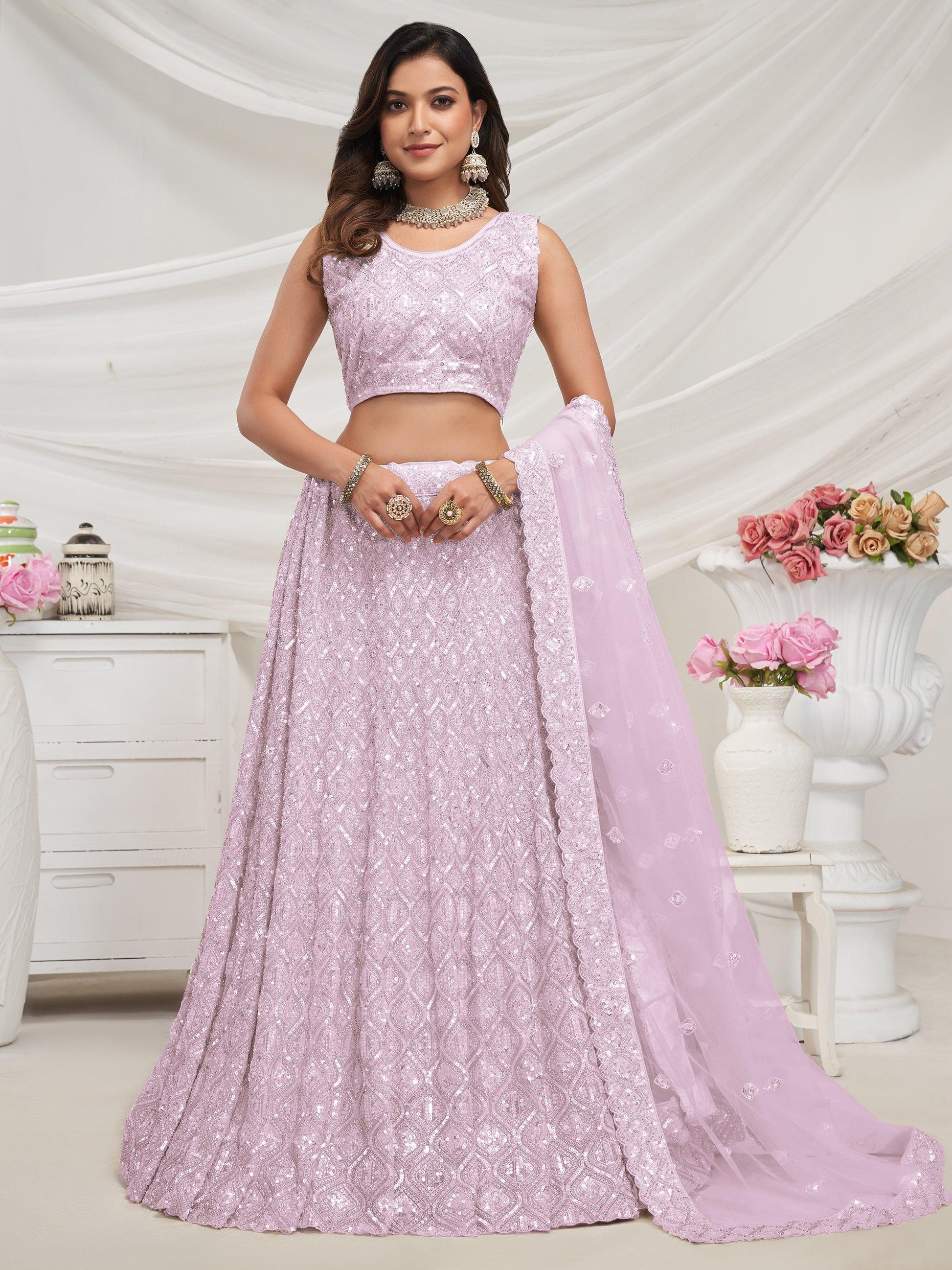 Enchanting Mauve Sequins Net Designer Lehenga Choli With Dupatta