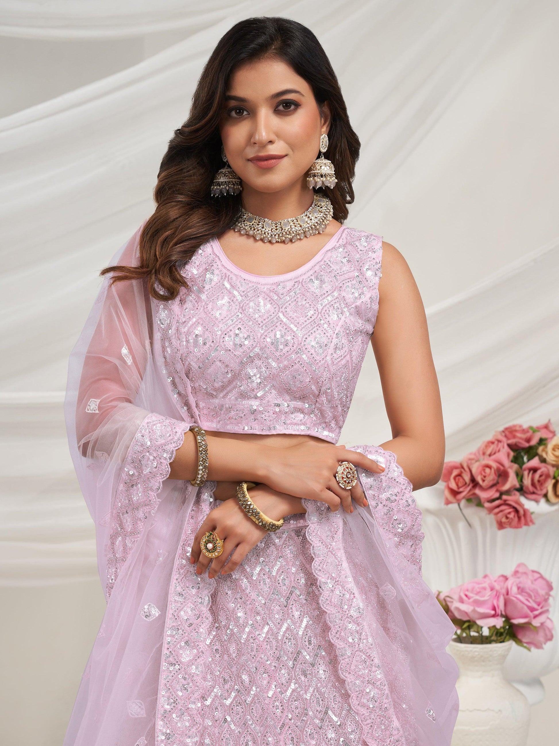 Enchanting Mauve Sequins Net Designer Lehenga Choli With Dupatta
