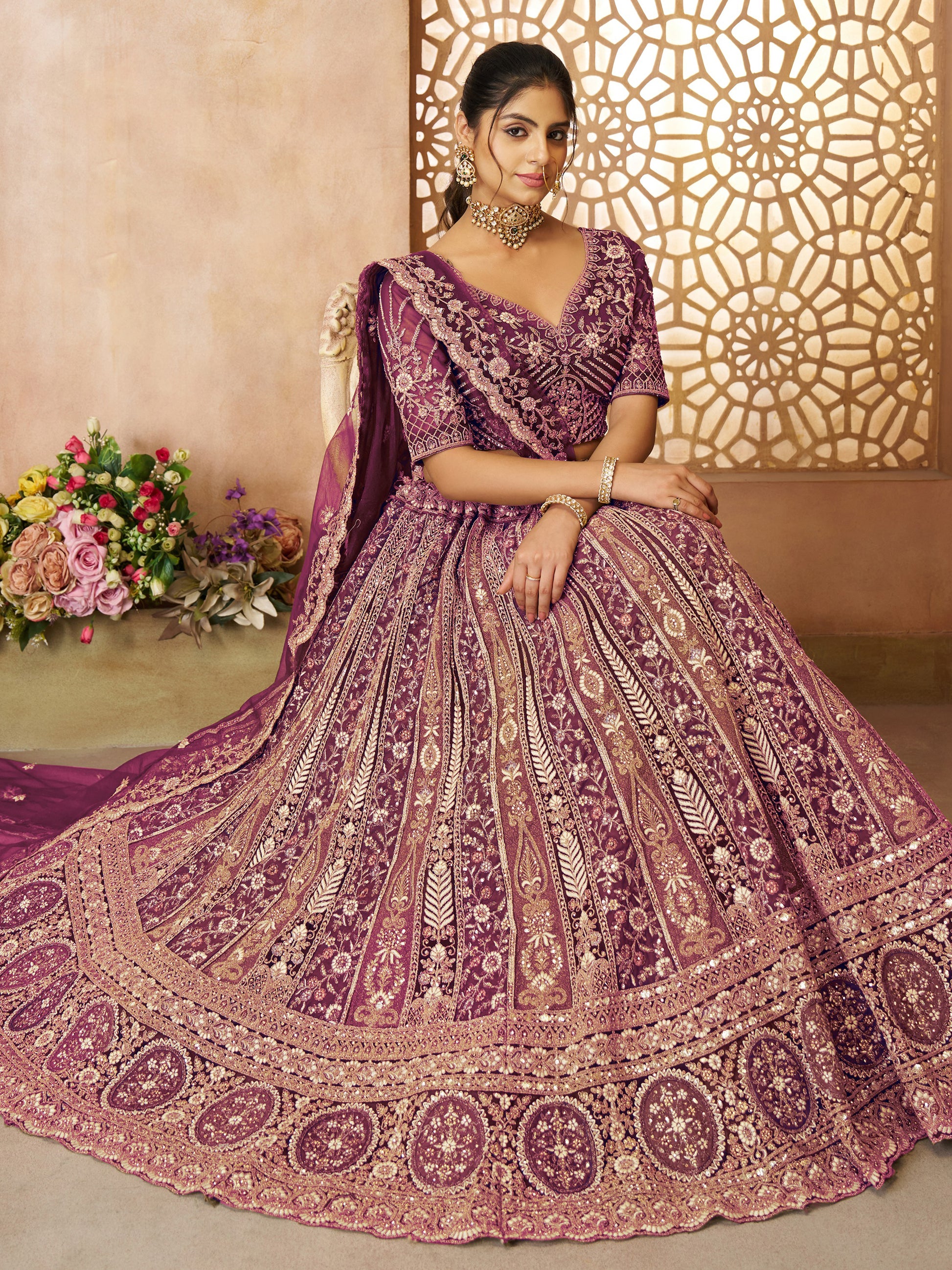 Enchanting Wine Thread Work Net Engagement Wear Lehenga Choli