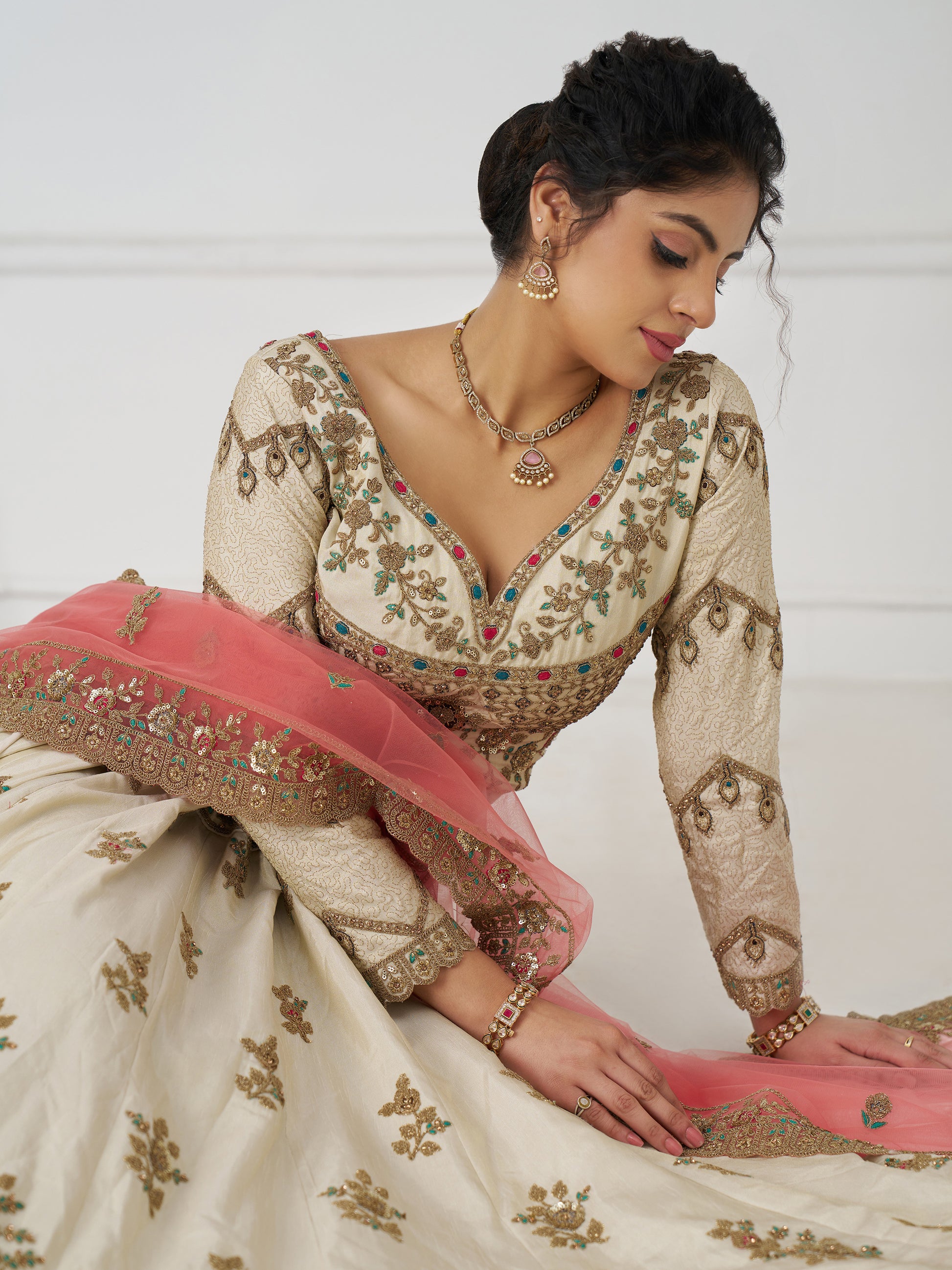 Mesmerizing Off-White Zari Embroidered Silk Lehenga Choli With Dupatta