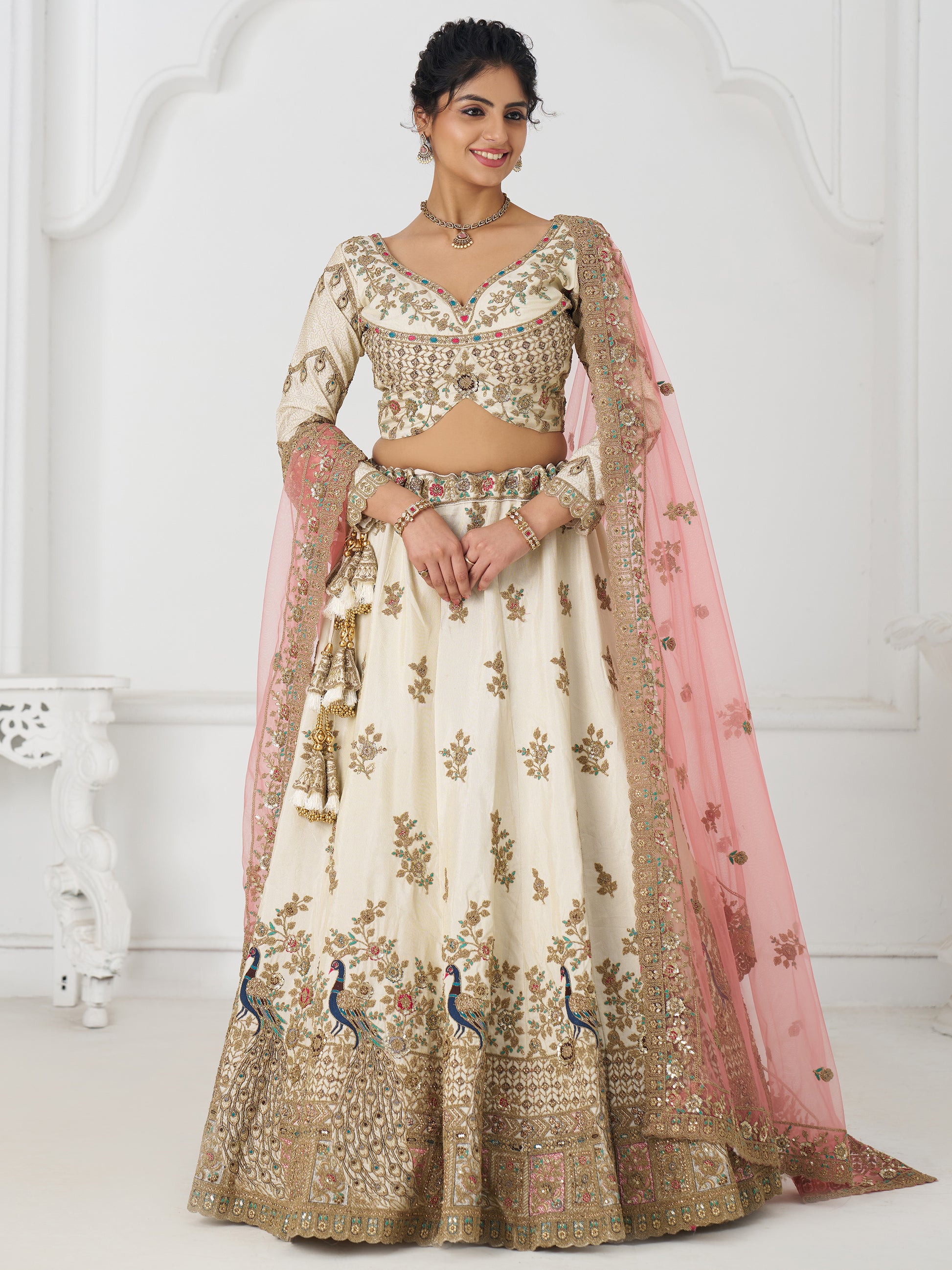 Mesmerizing Off-White Zari Embroidered Silk Lehenga Choli With Dupatta