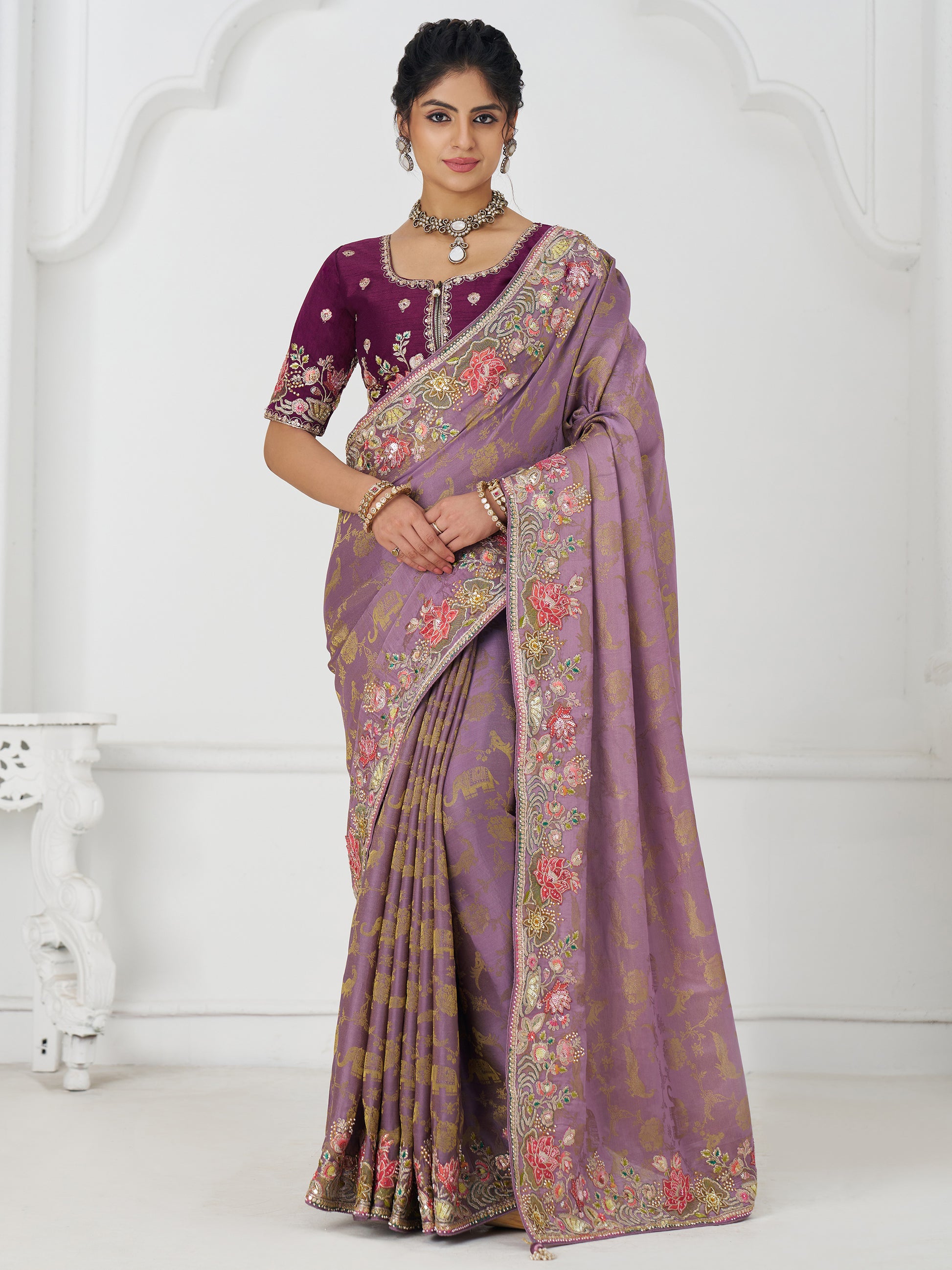 Fascinating Mauve Beads Work Dola Silk Engagement Wear Saree