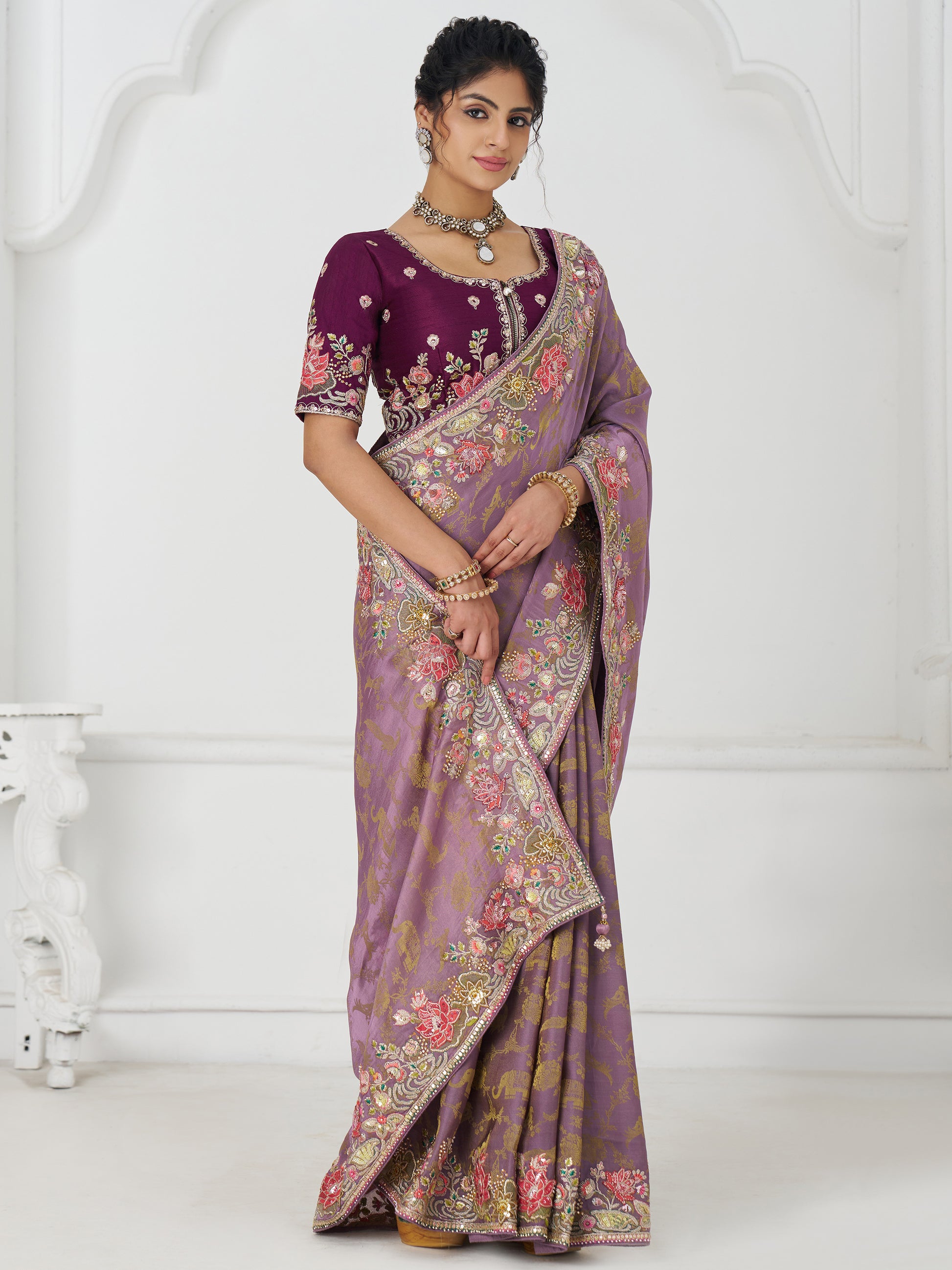 Fascinating Mauve Beads Work Dola Silk Engagement Wear Saree