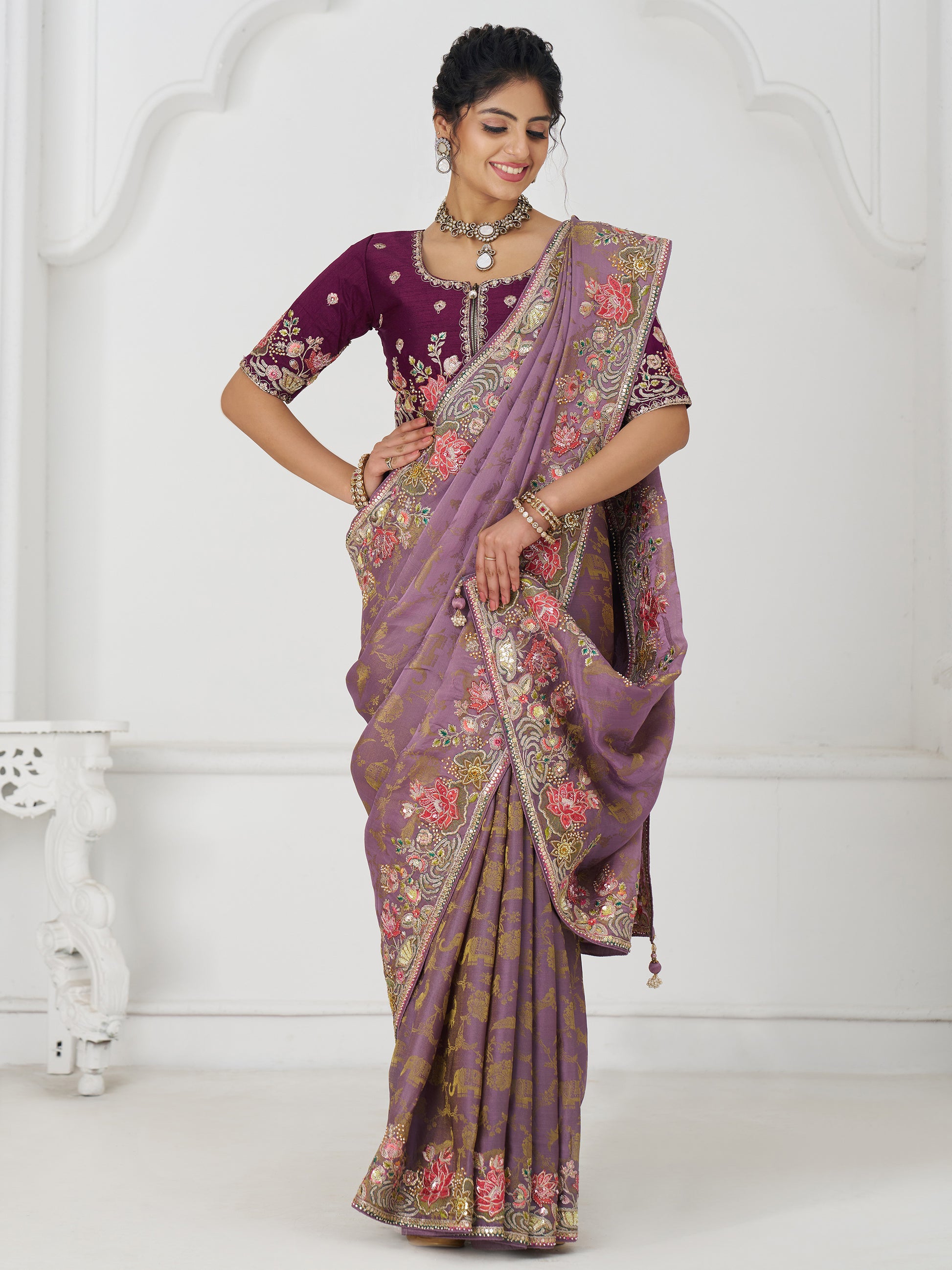 Fascinating Mauve Beads Work Dola Silk Engagement Wear Saree