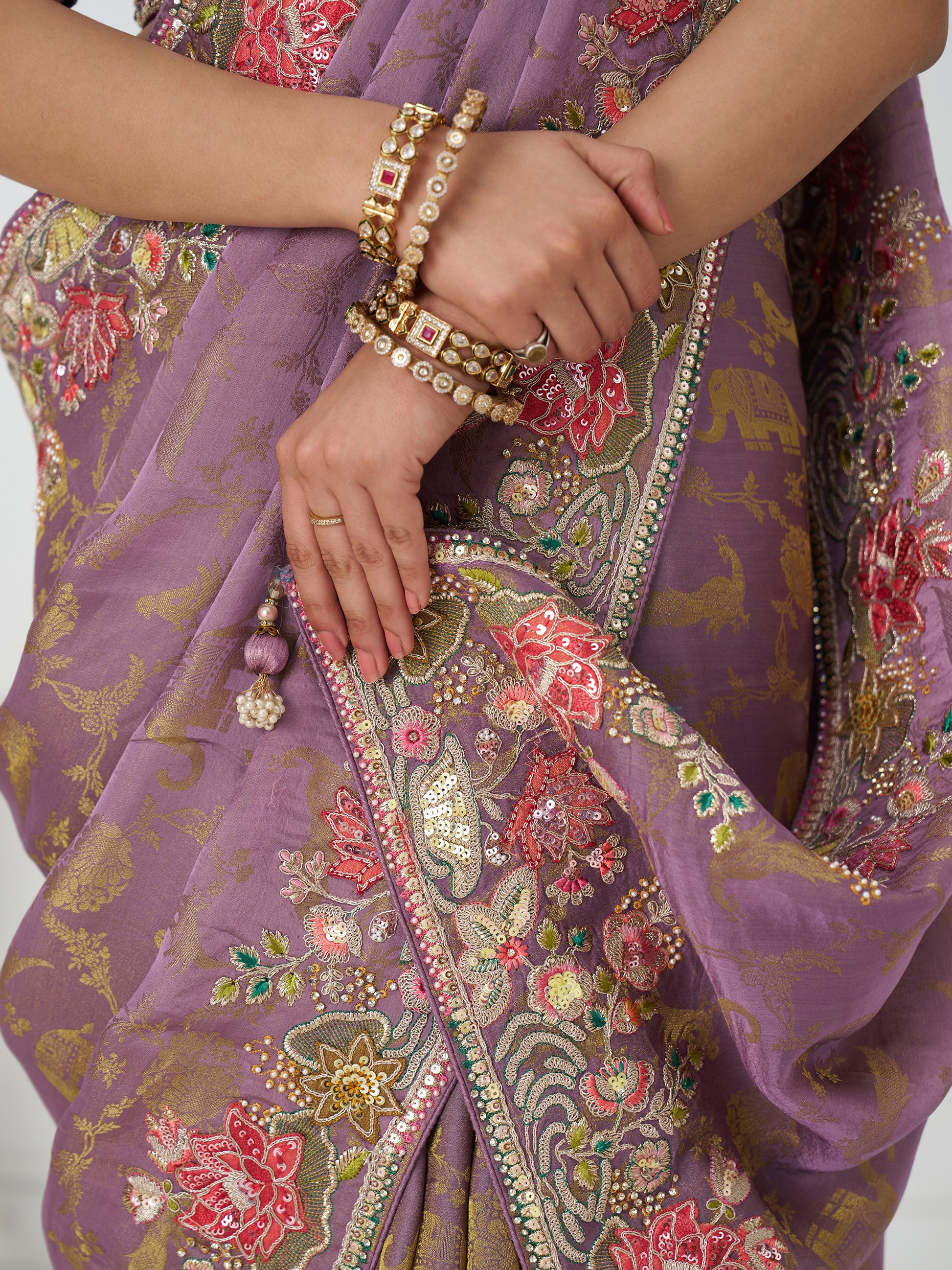 Fascinating Mauve Beads Work Dola Silk Engagement Wear Saree