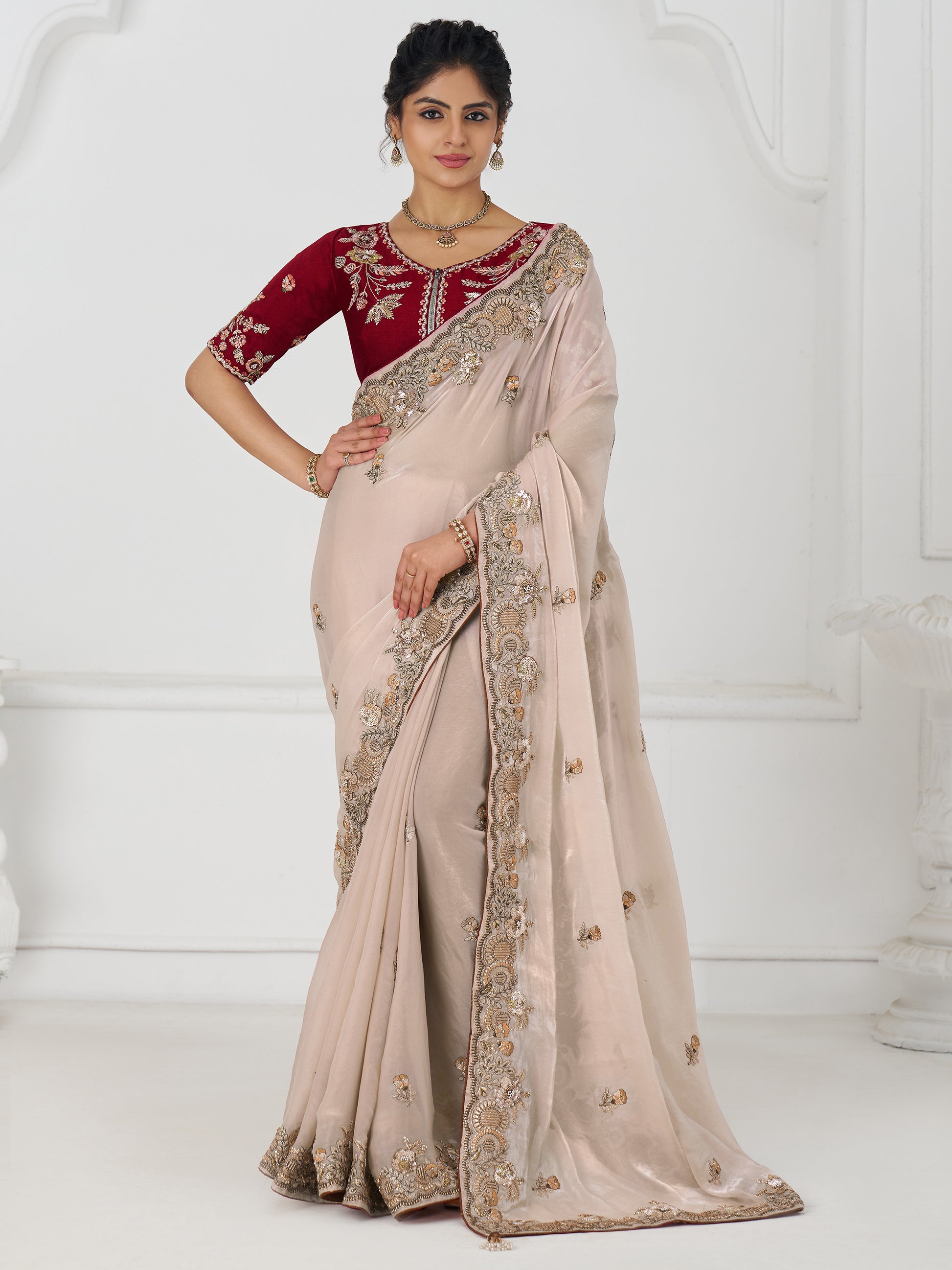 Incredible Beige Thread Work Silk Engagement Wear Saree With Blouse