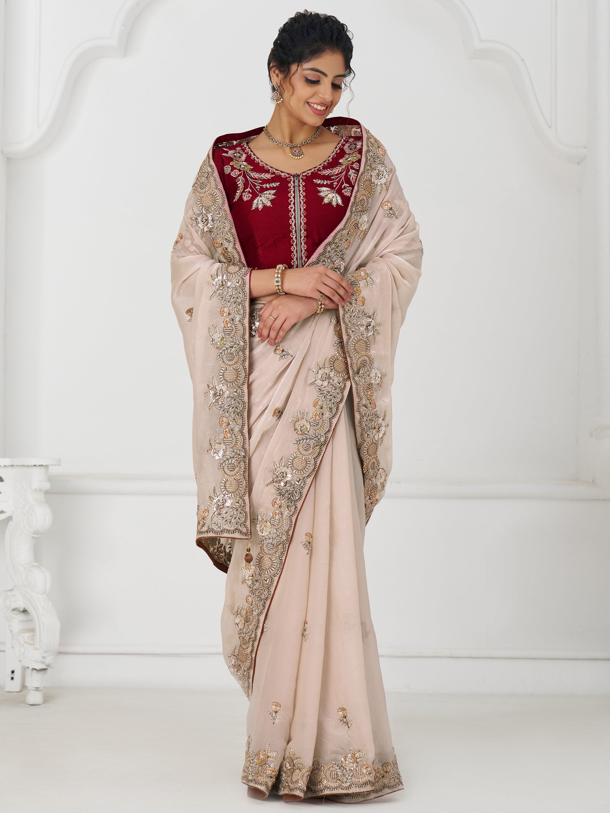 Incredible Beige Thread Work Silk Engagement Wear Saree With Blouse