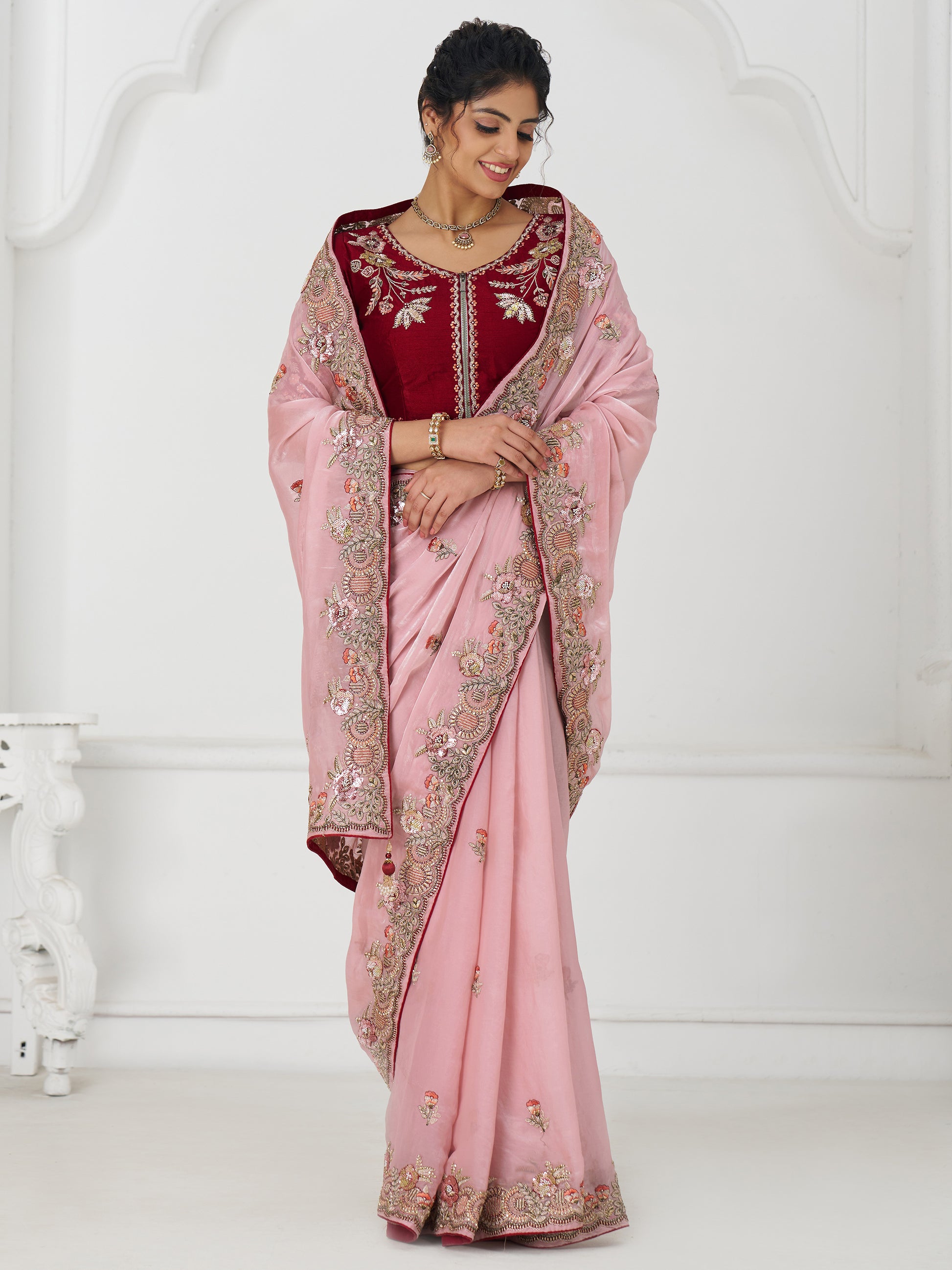 Wonderful Pink Border Work Dola Silk Wedding Saree With Blouse