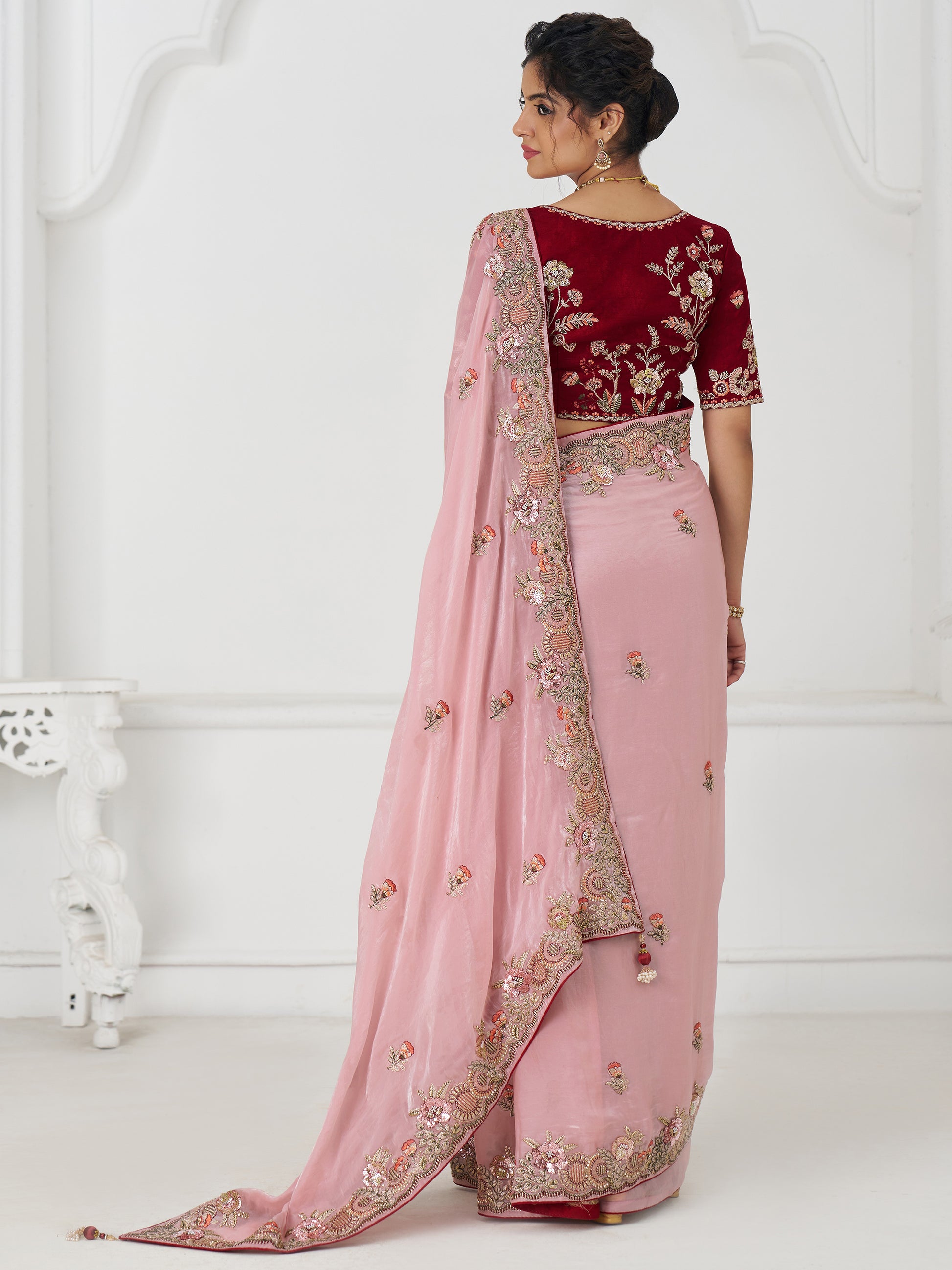Wonderful Pink Border Work Dola Silk Wedding Saree With Blouse