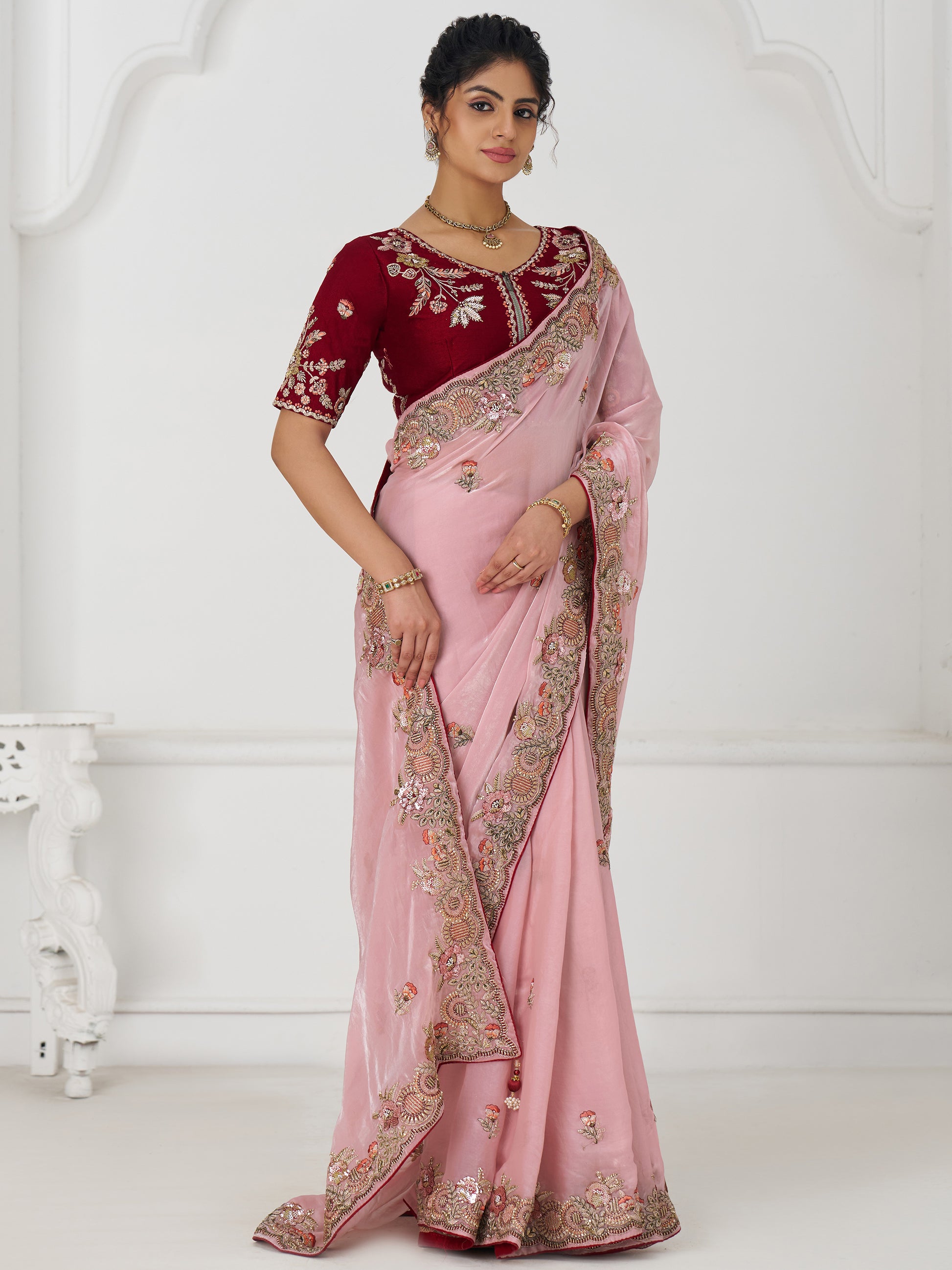 Wonderful Pink Border Work Dola Silk Wedding Saree With Blouse