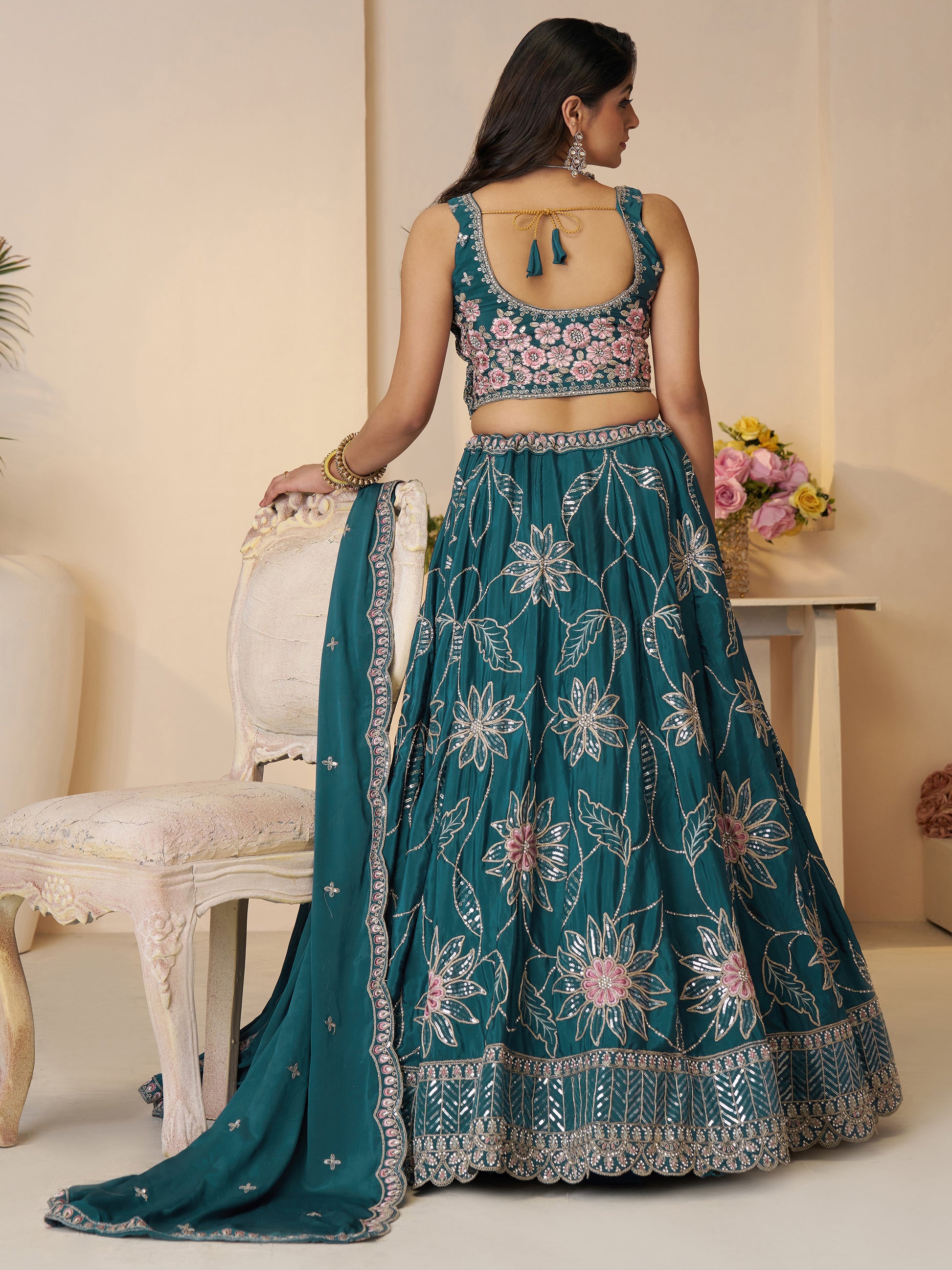 Pretty Teal Blue Thread Work Satin Lehenga Choli With Dupatta