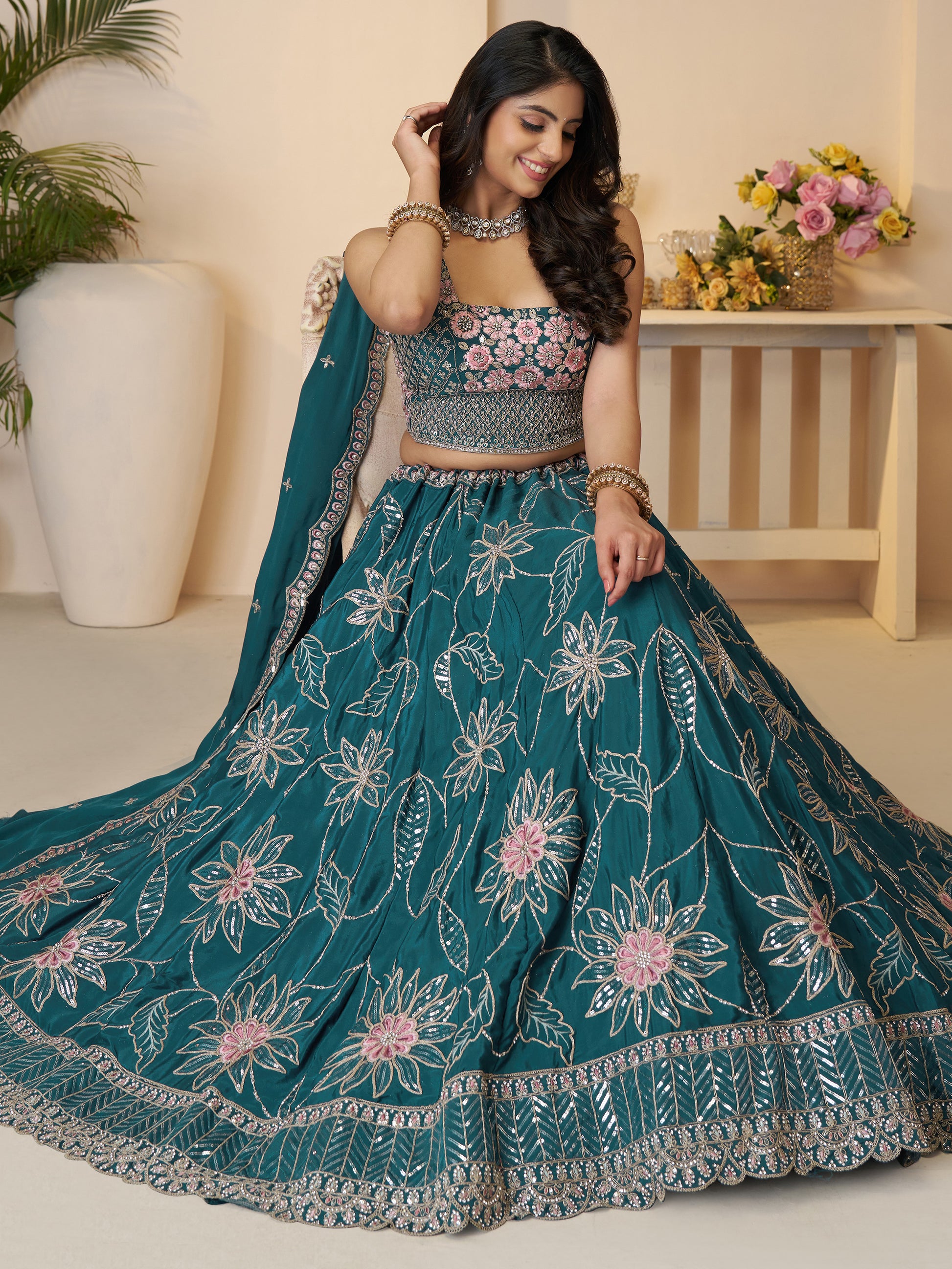Pretty Teal Blue Thread Work Satin Lehenga Choli With Dupatta