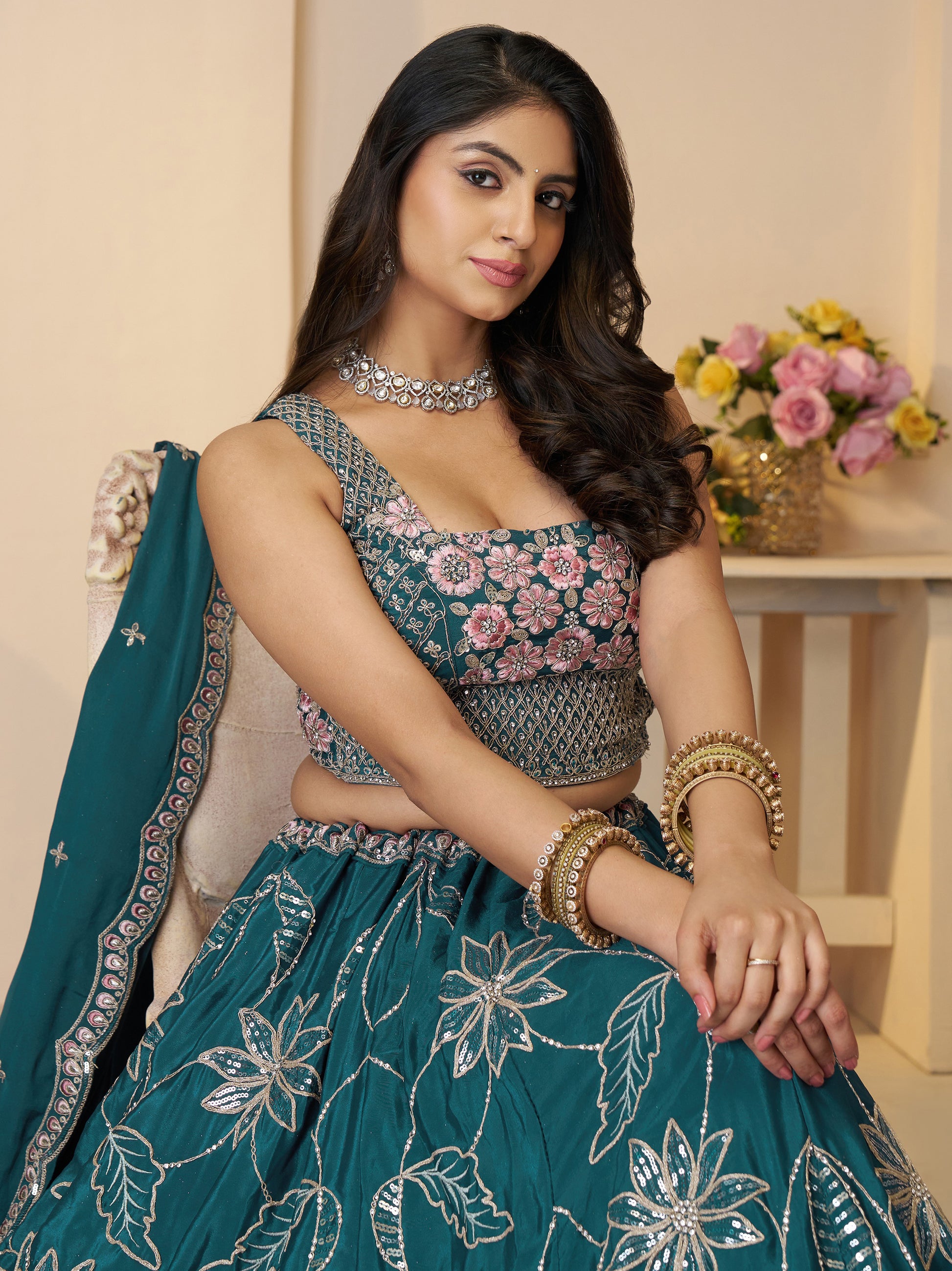 Pretty Teal Blue Thread Work Satin Lehenga Choli With Dupatta
