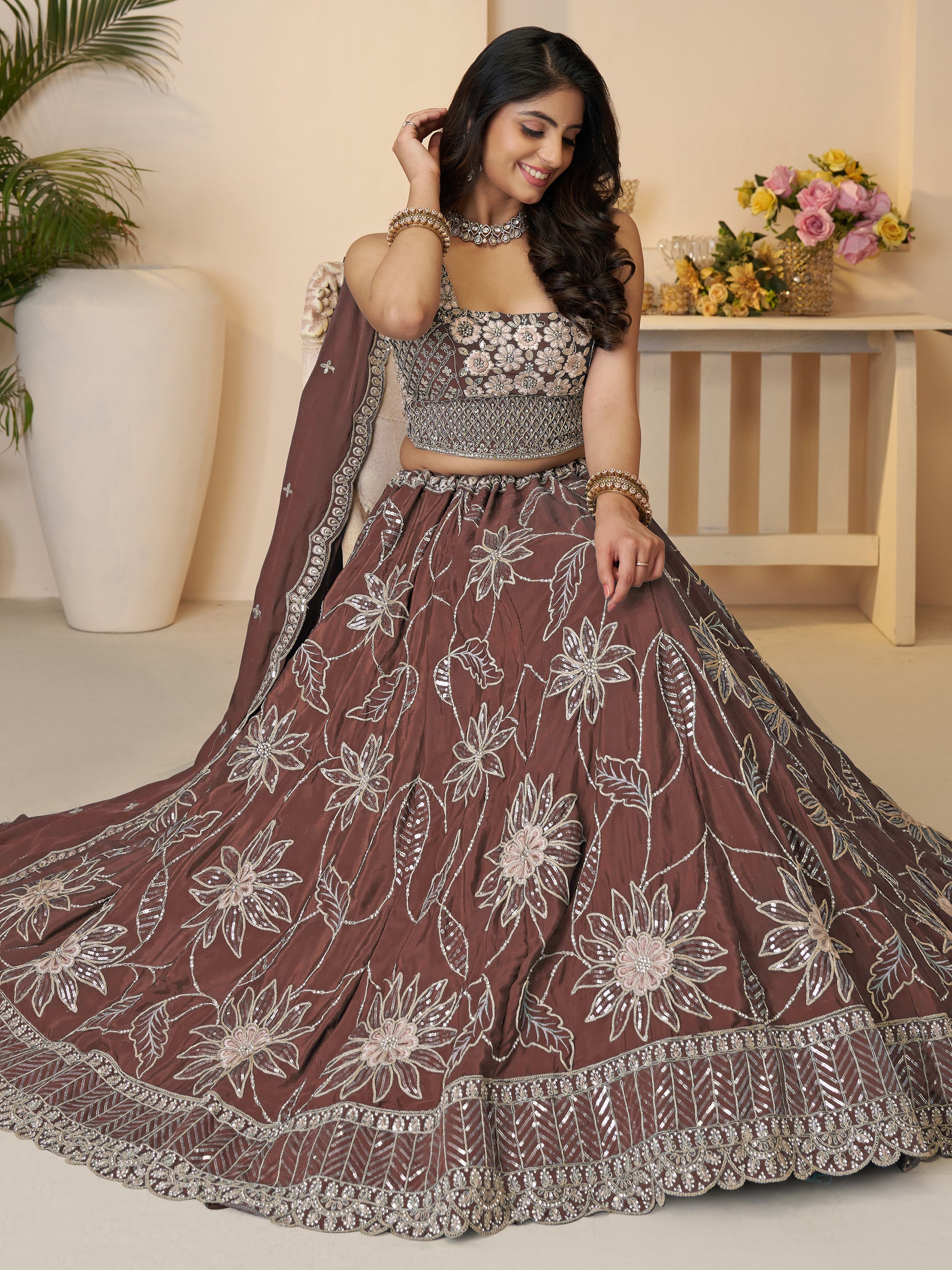 Attractive Brown Floral Embroidered Satin Wedding Wear Lehenga Choli
