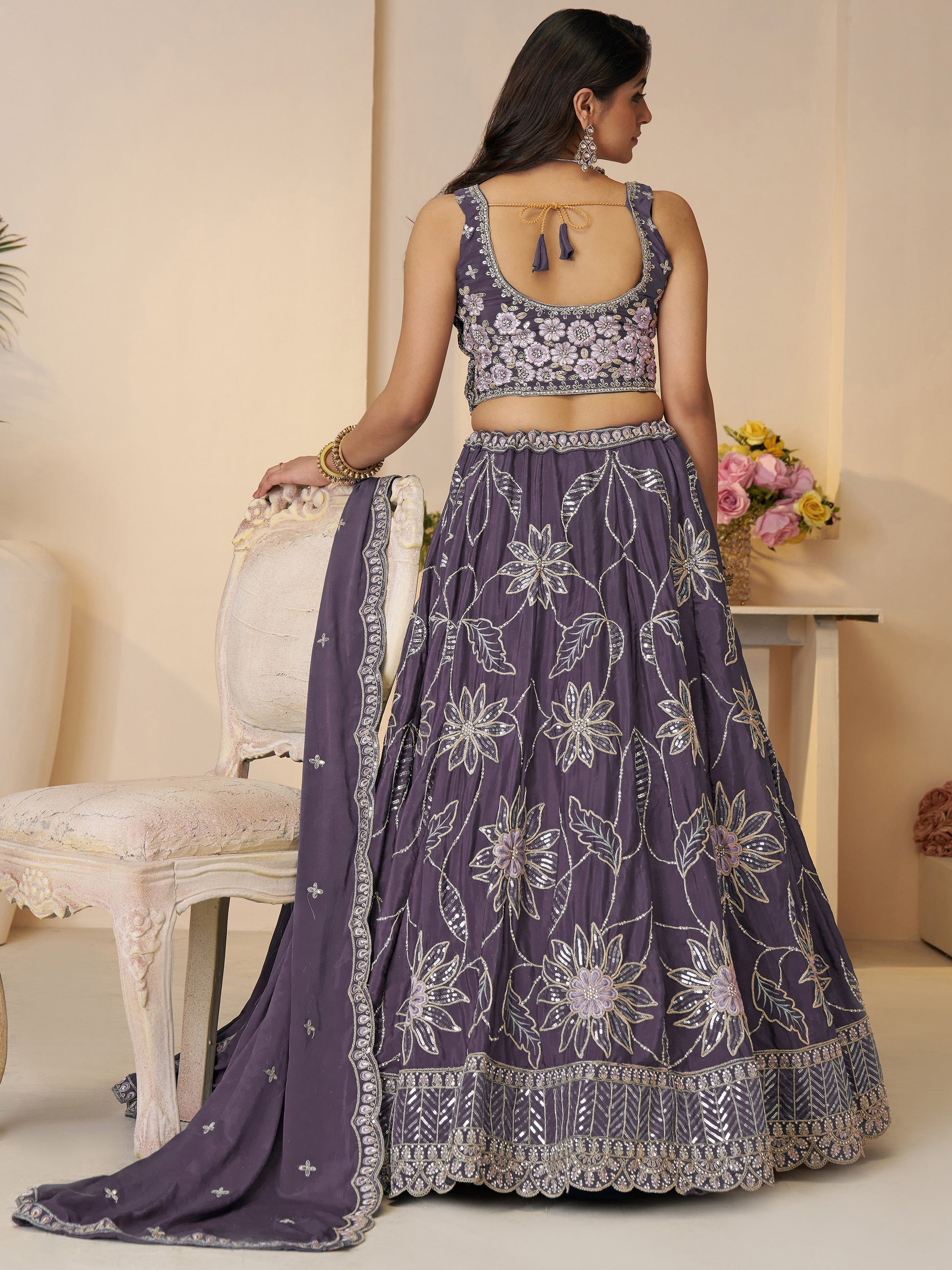 Fabulous Purple Thread Work Satin Engagement Wear Lehenga Choli