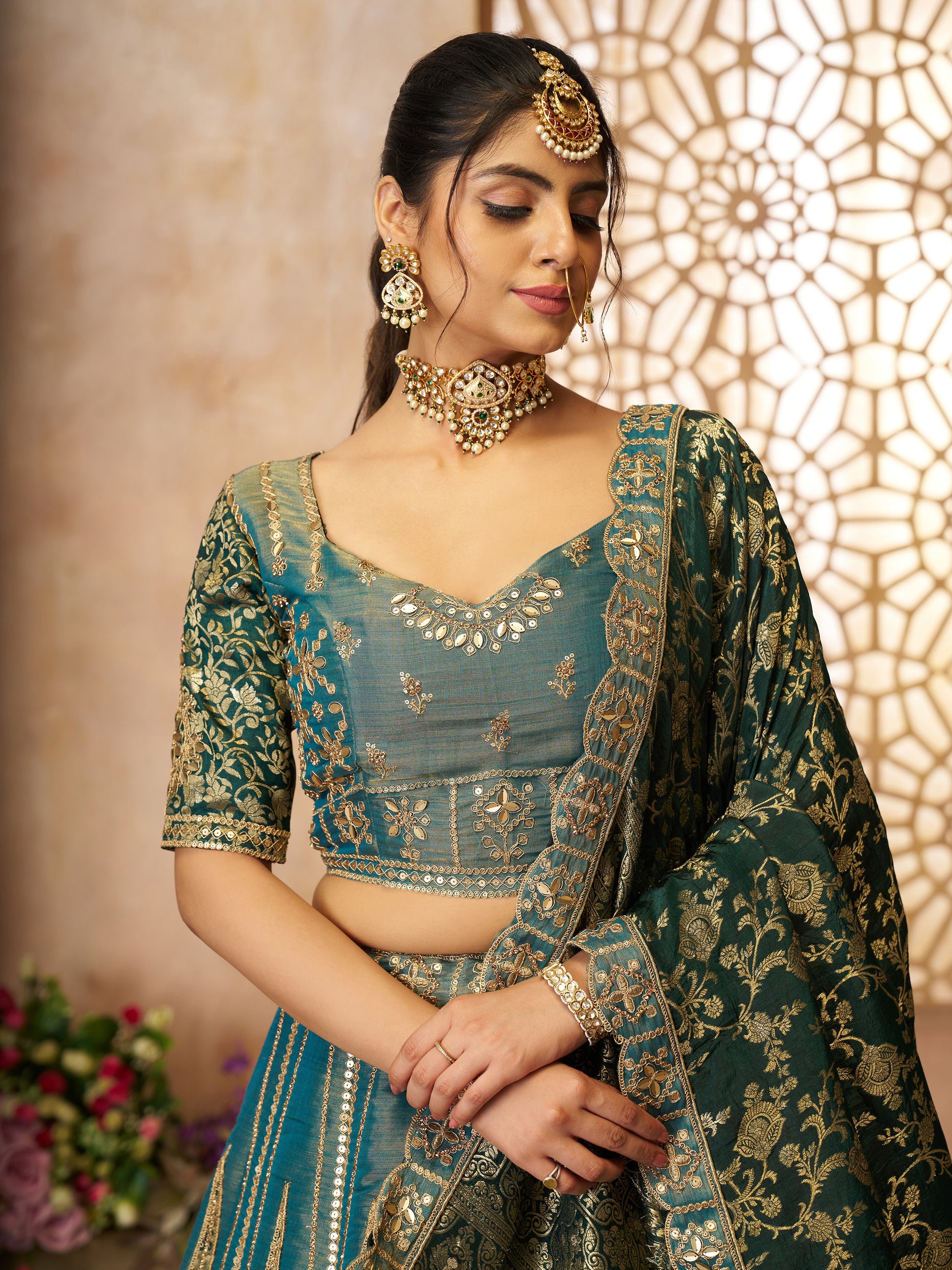 Glamorous Green Zari Embroidered Tissue Silk Bridesmaid Lehenga Choli