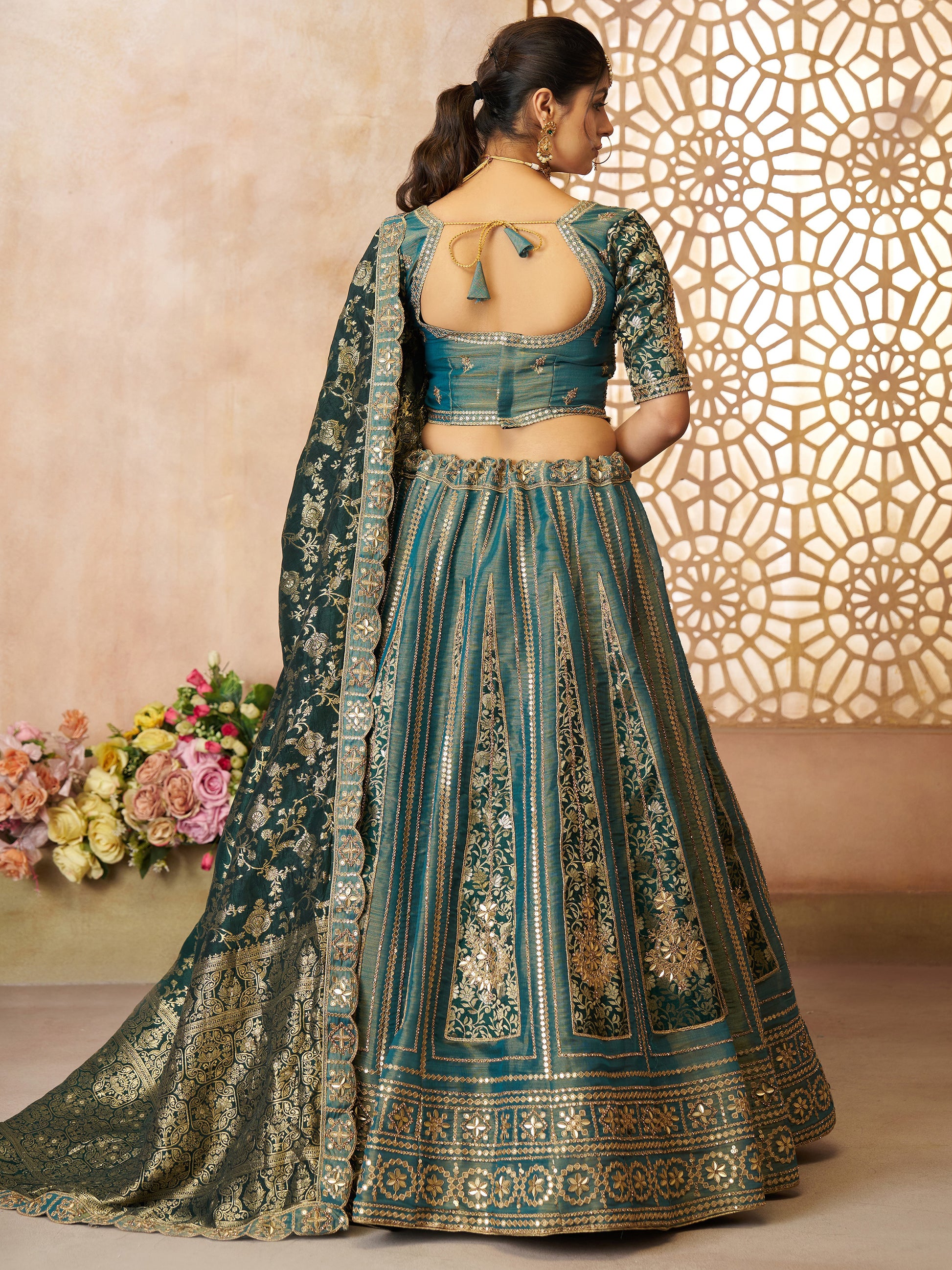 Glamorous Green Zari Embroidered Tissue Silk Bridesmaid Lehenga Choli