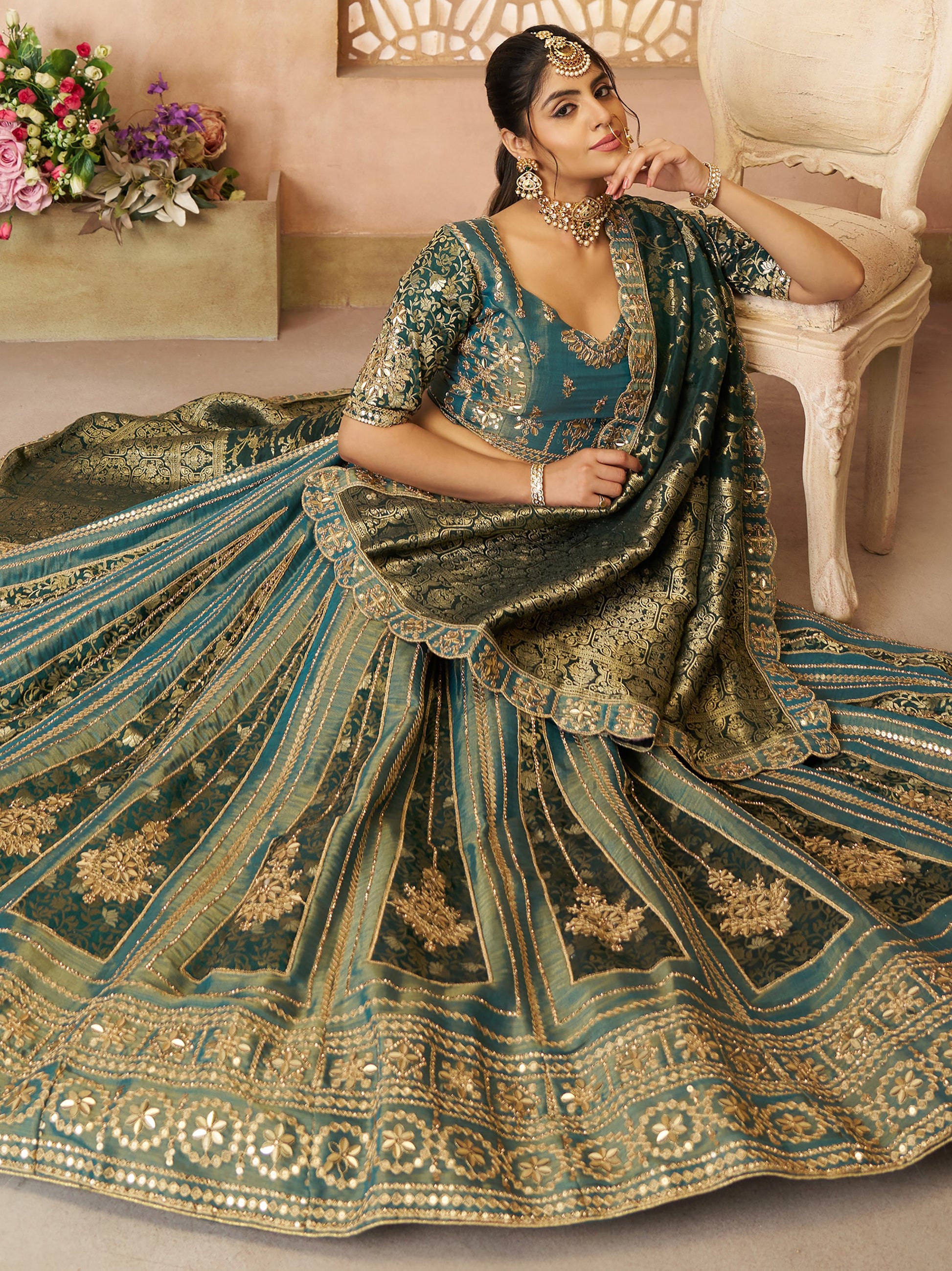 Glamorous Green Zari Embroidered Tissue Silk Bridesmaid Lehenga Choli