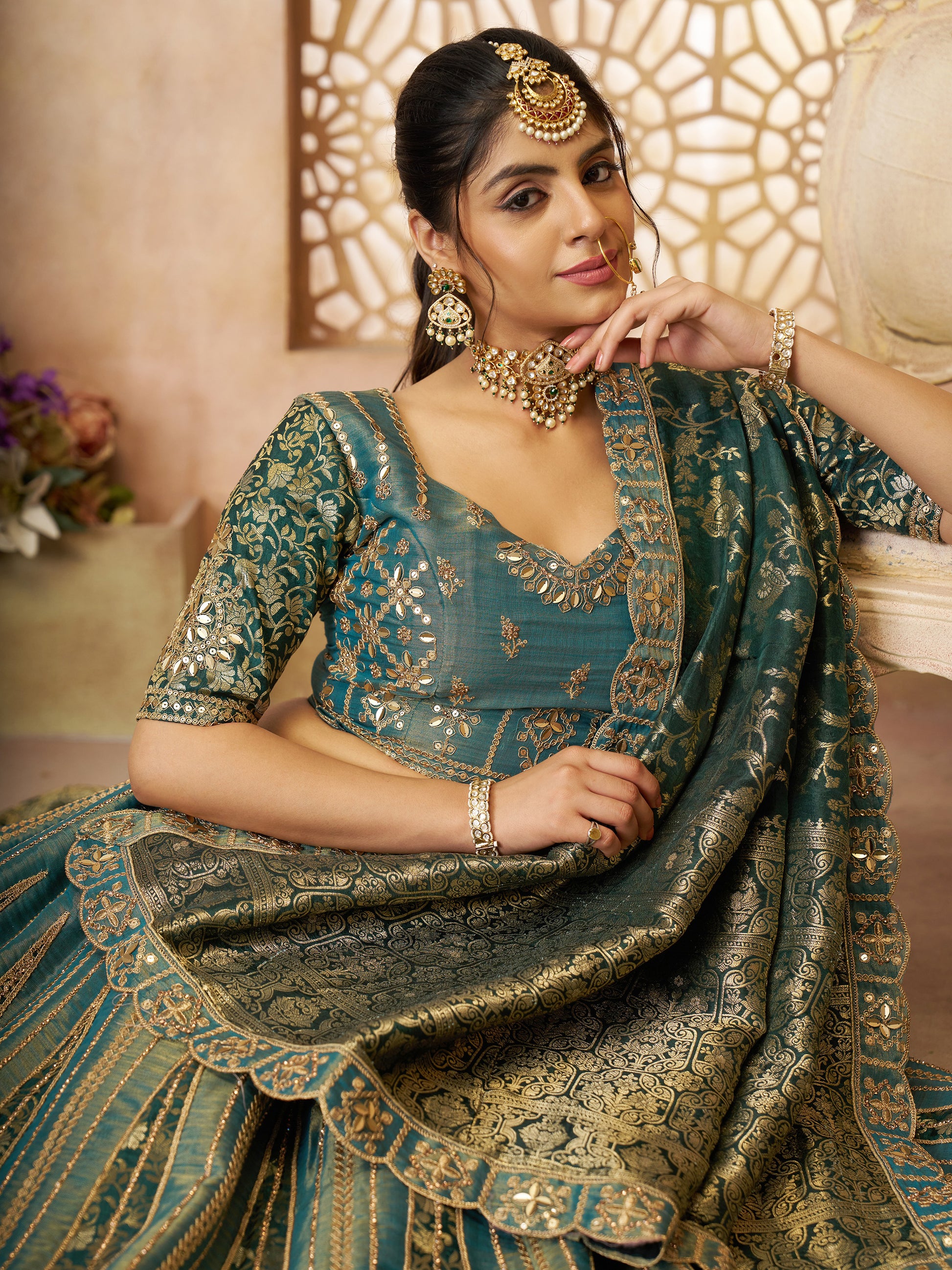 Glamorous Green Zari Embroidered Tissue Silk Bridesmaid Lehenga Choli