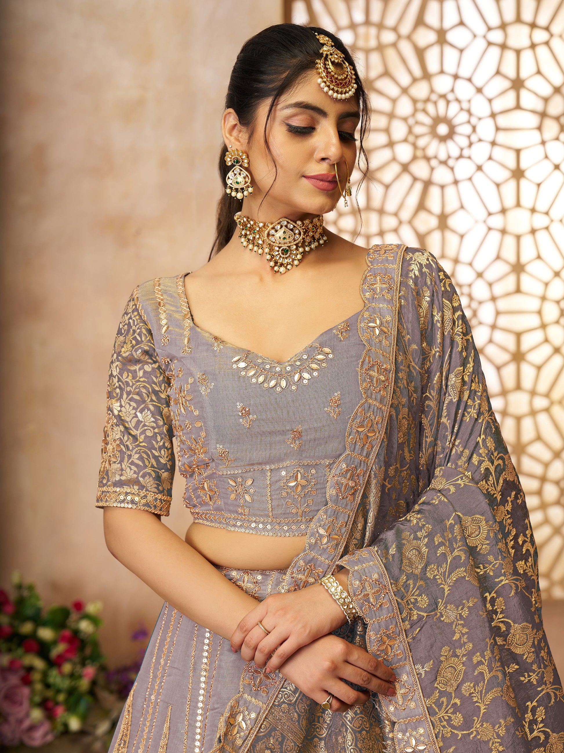 Wonderful Lilac Zari Embroidered Tissue Silk Wedding Lehenga Choli