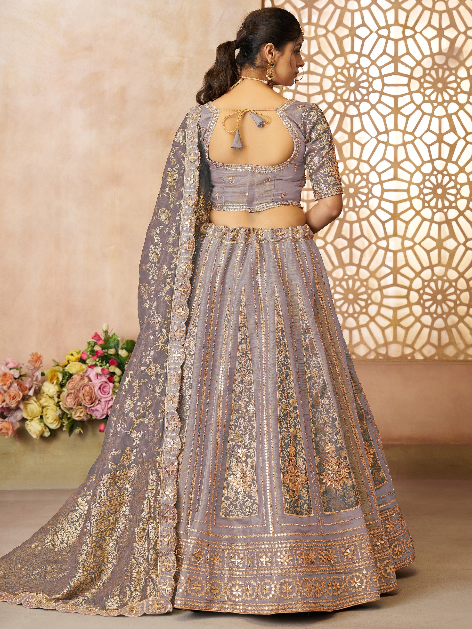 Wonderful Lilac Zari Embroidered Tissue Silk Wedding Lehenga Choli