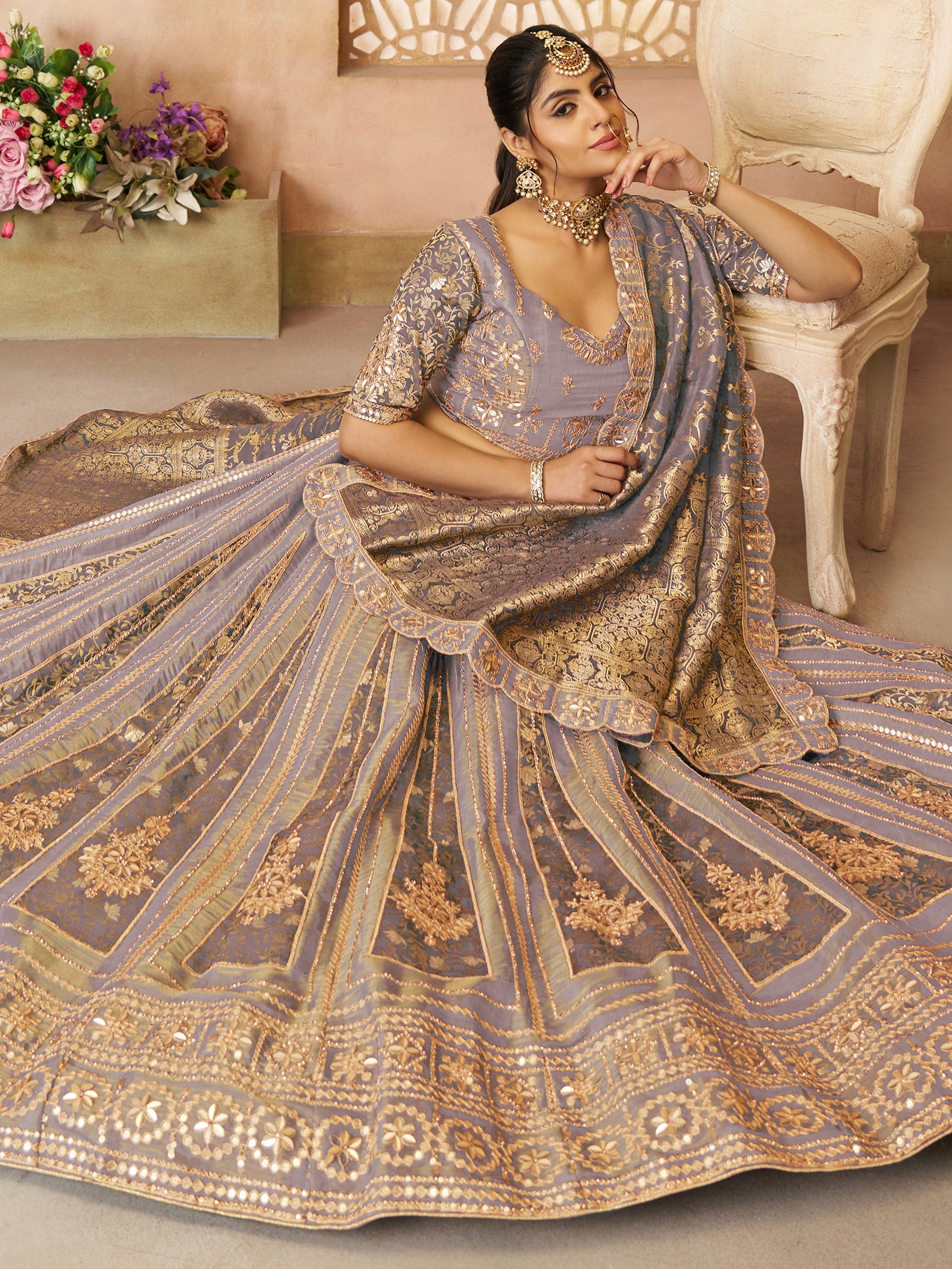 Wonderful Lilac Zari Embroidered Tissue Silk Wedding Lehenga Choli