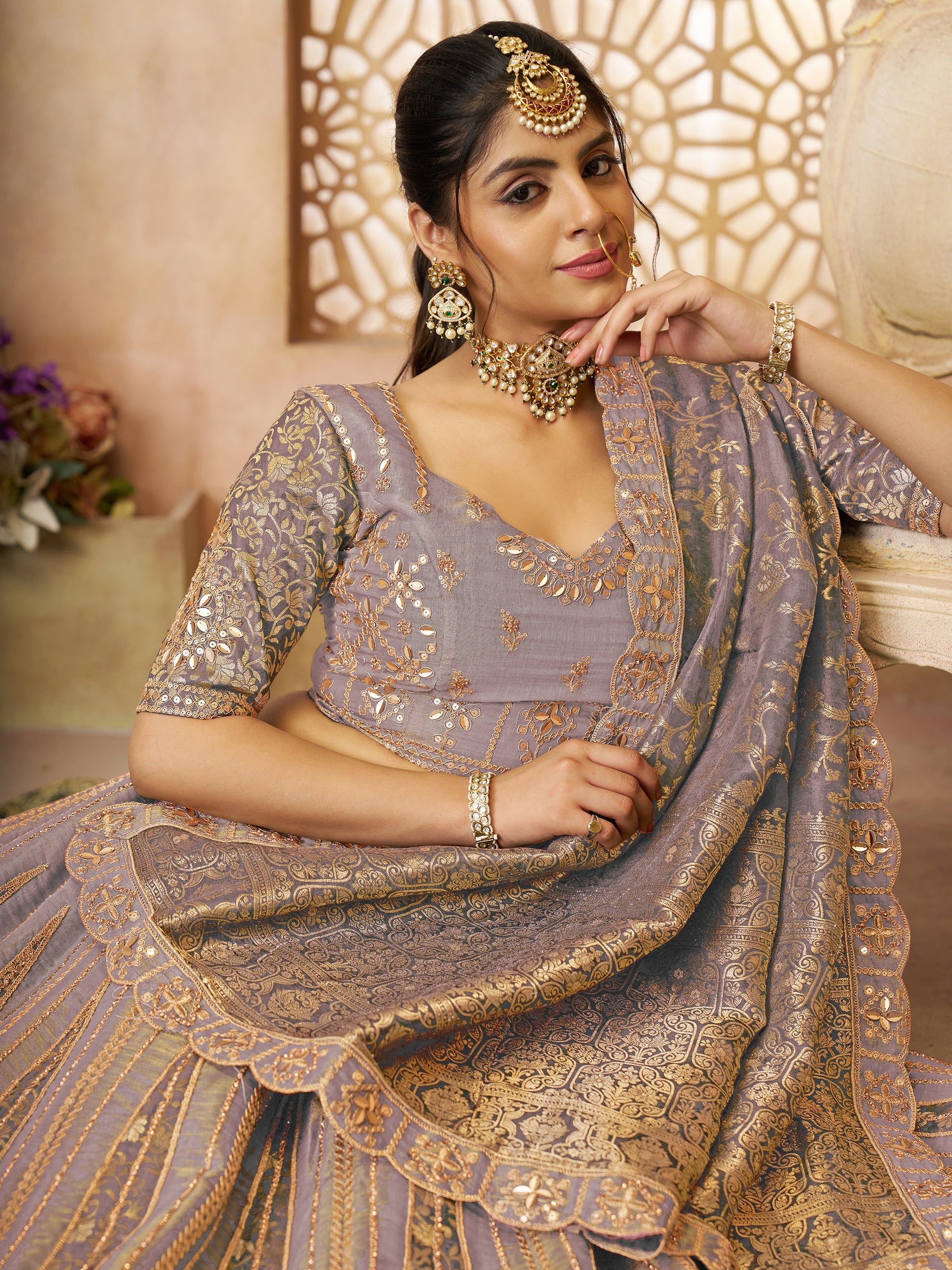Wonderful Lilac Zari Embroidered Tissue Silk Wedding Lehenga Choli