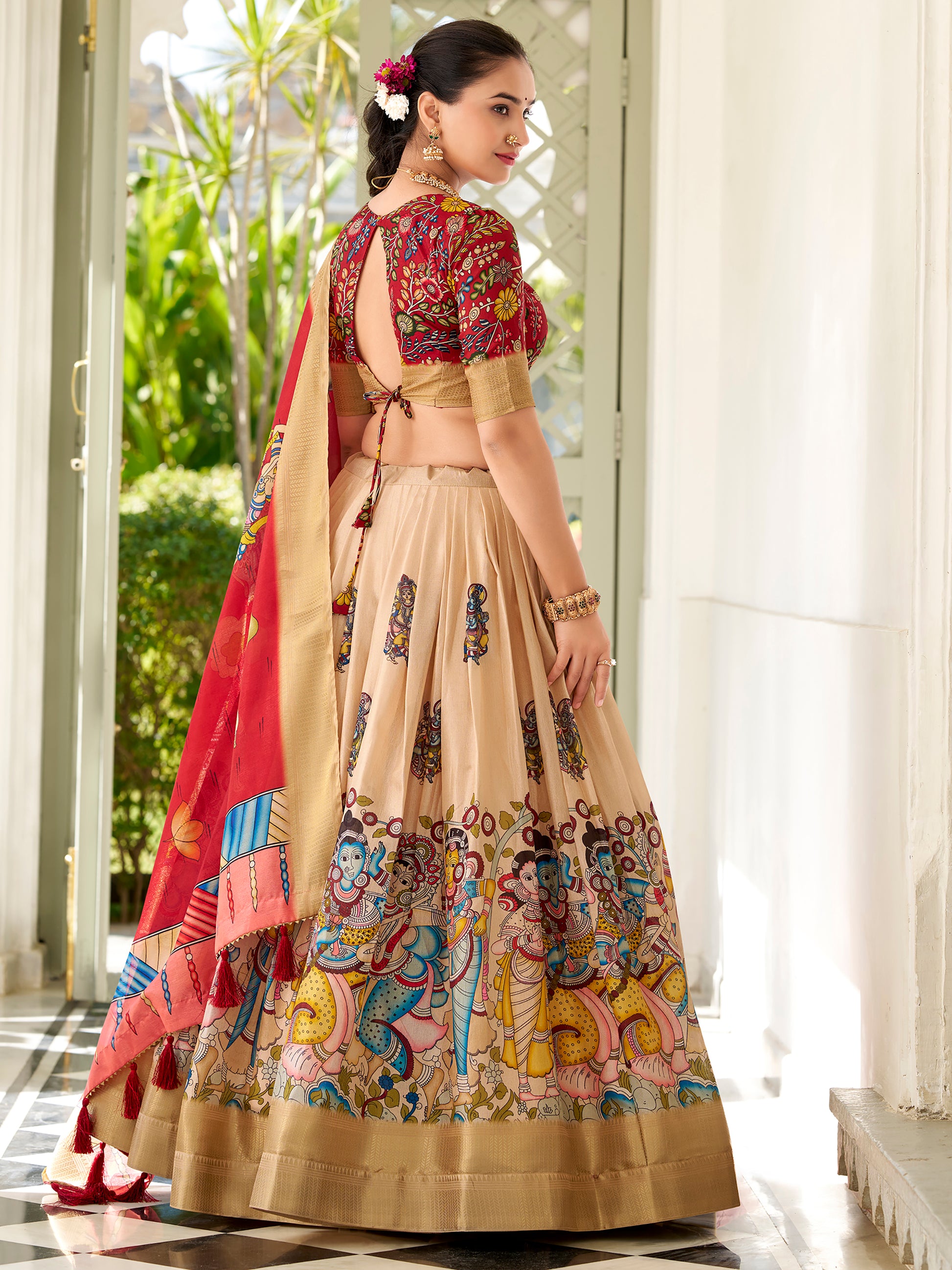 Precious Cream Kalamkari Printed Dola Silk Traditional Lehenga Choli