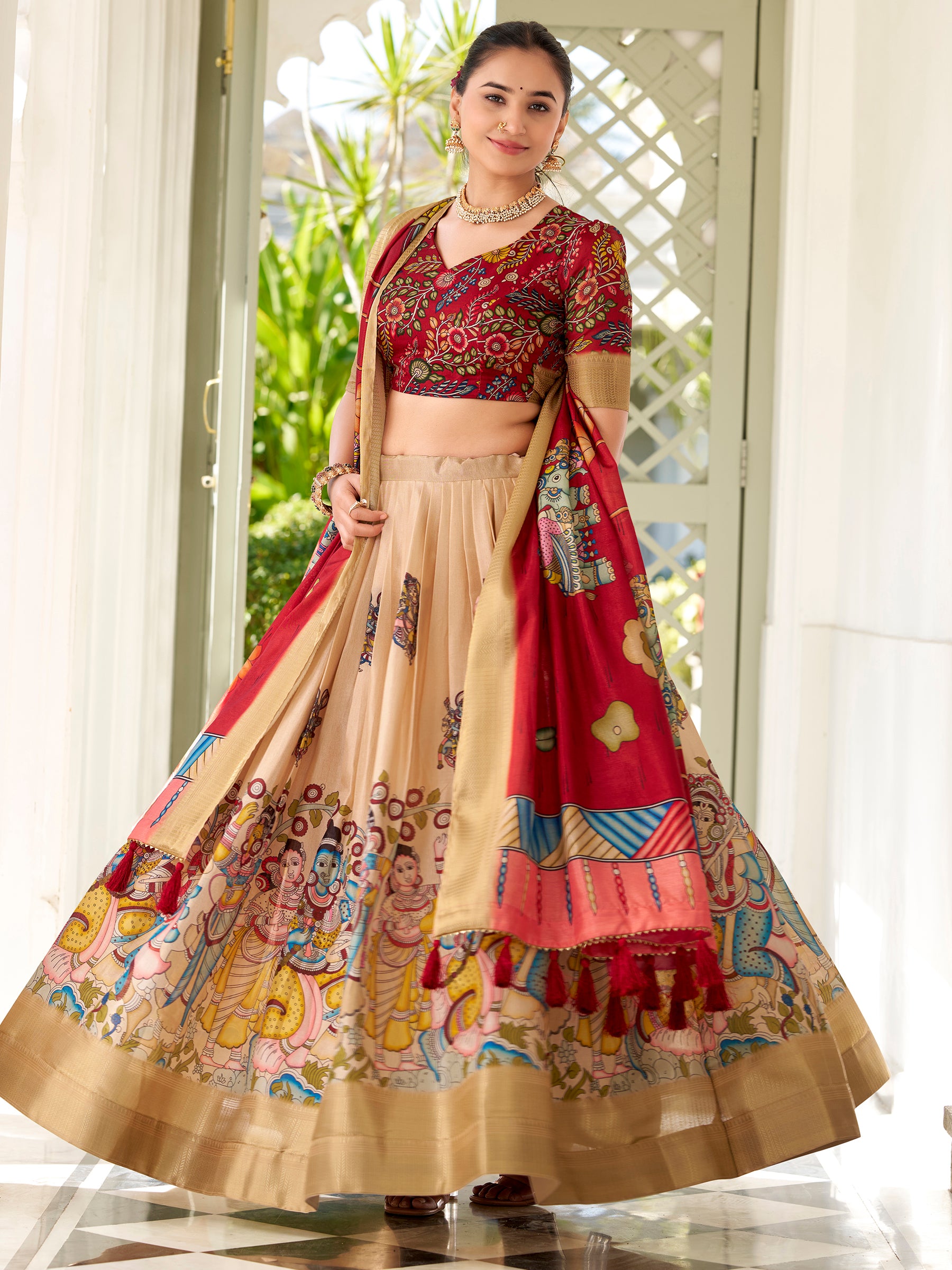 Precious Cream Kalamkari Printed Dola Silk Traditional Lehenga Choli