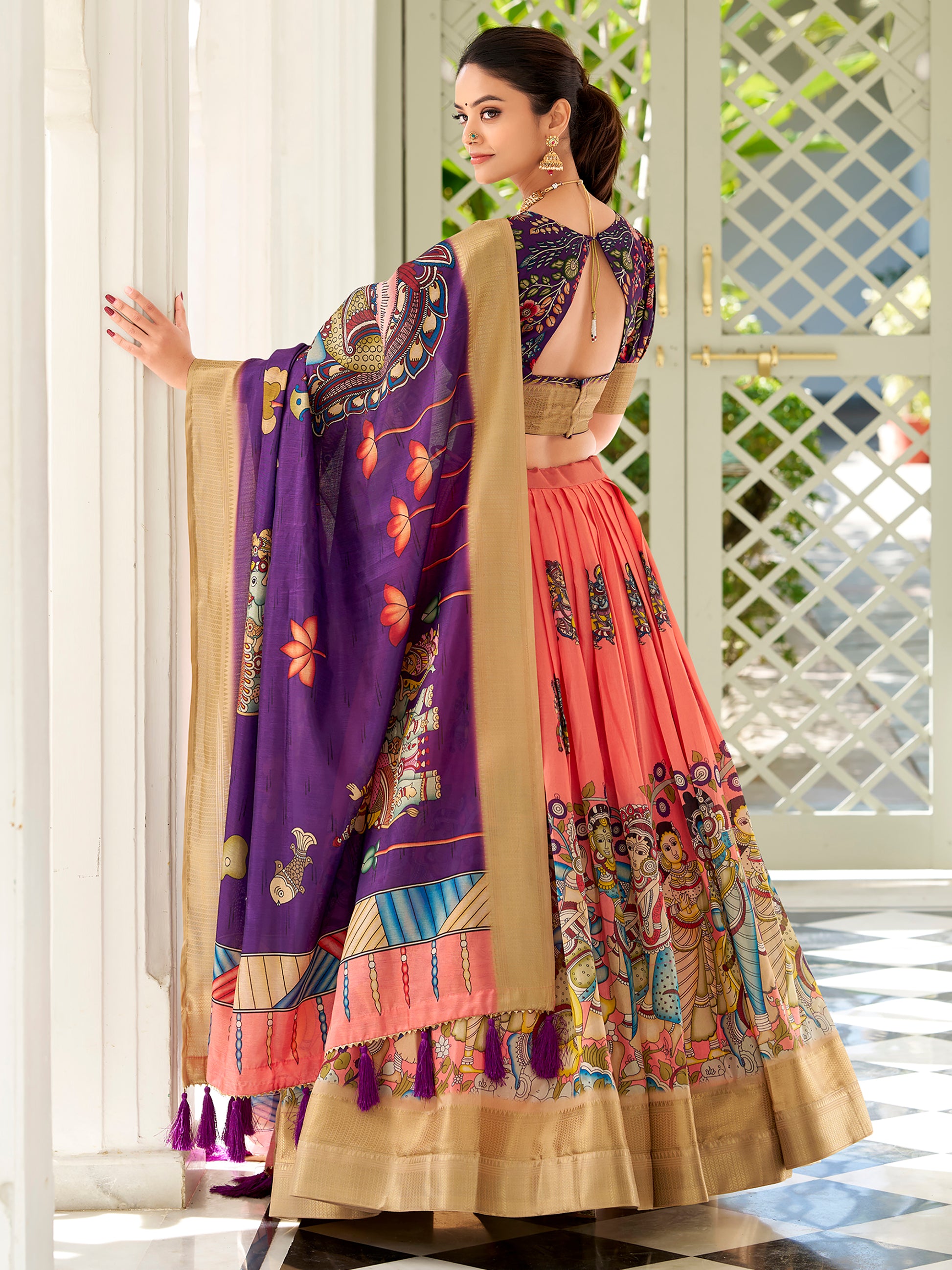Special Peach Kalamkari Printed Silk Festival Wear Lehenga Choli