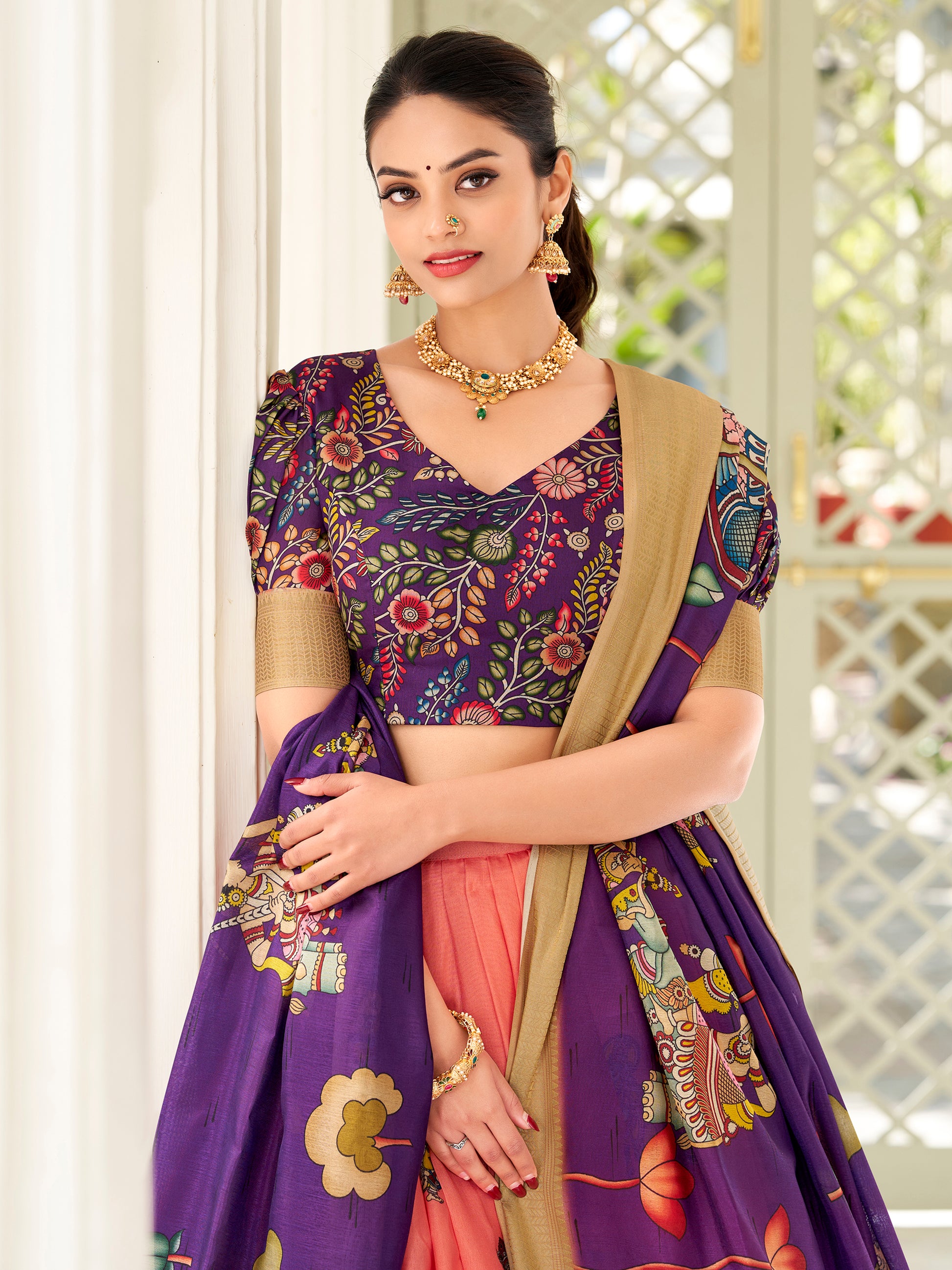 Special Peach Kalamkari Printed Silk Festival Wear Lehenga Choli