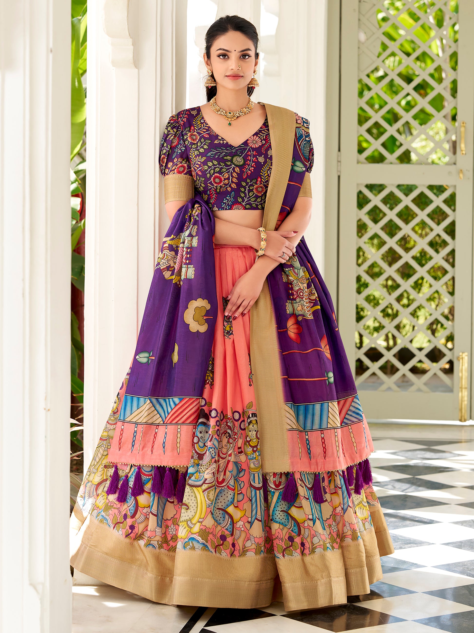 Special Peach Kalamkari Printed Silk Festival Wear Lehenga Choli
