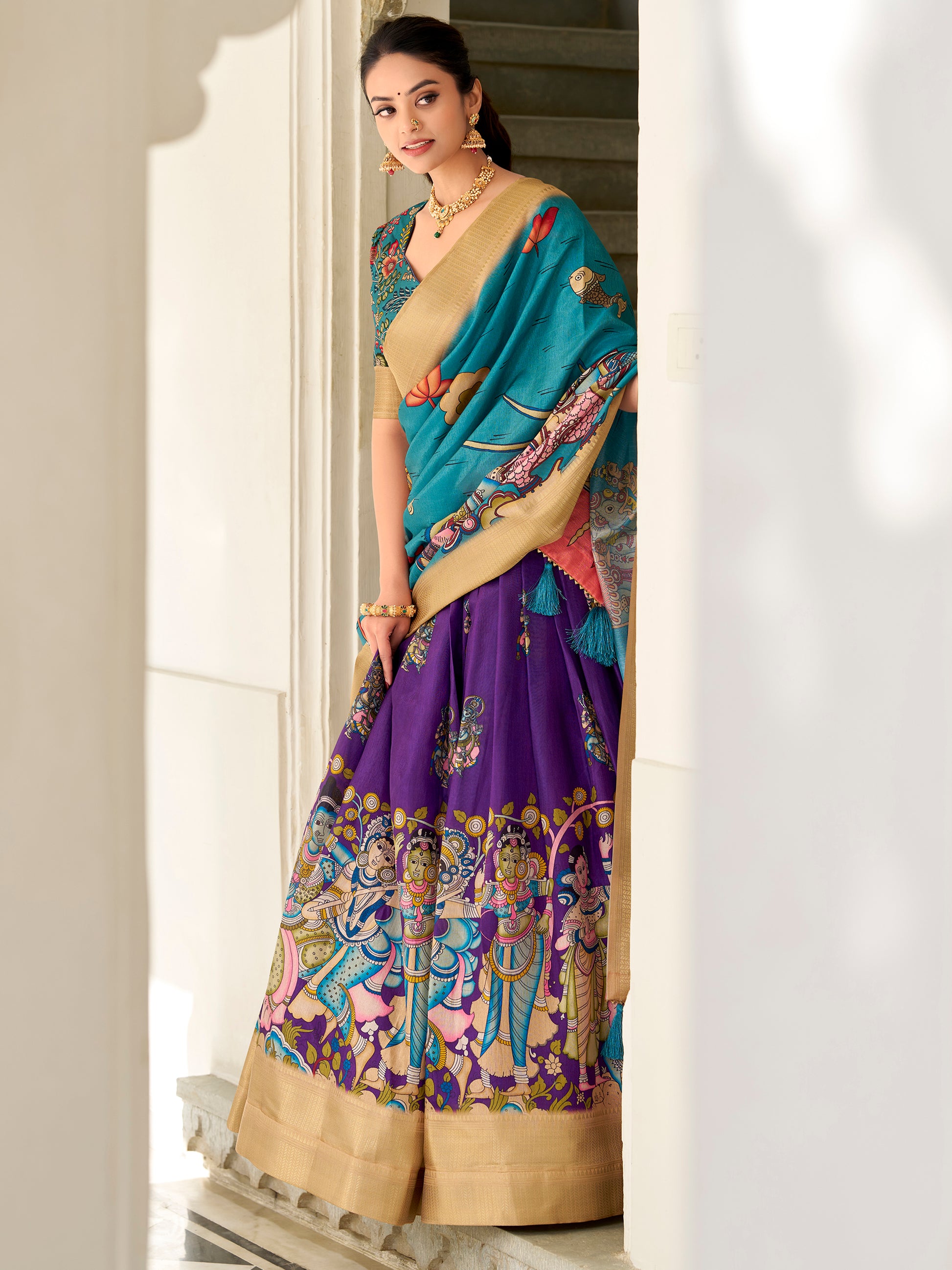 Charming Purple Kalamkari Printed Dola Silk Lehenga Choli