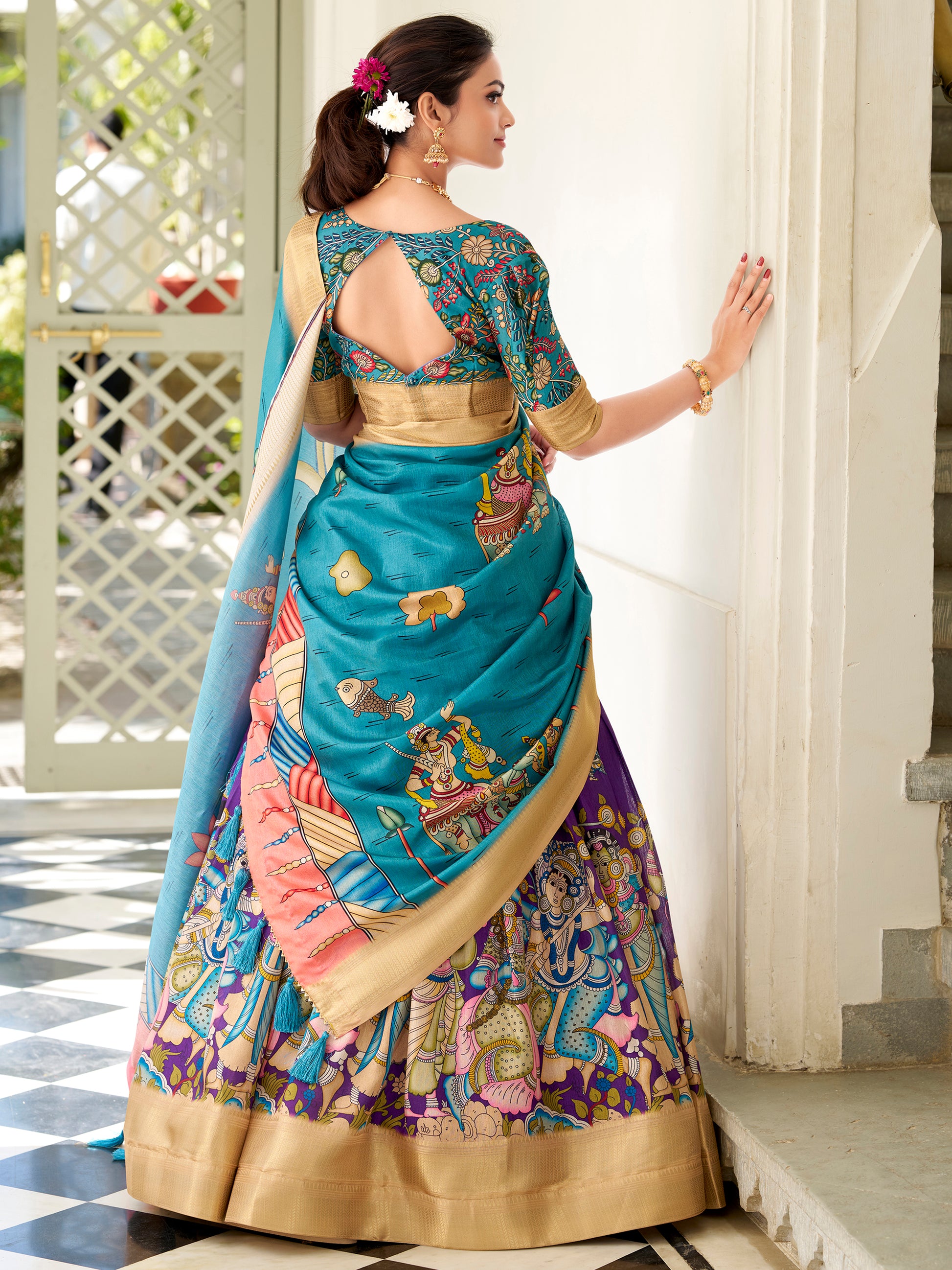 Charming Purple Kalamkari Printed Dola Silk Lehenga Choli