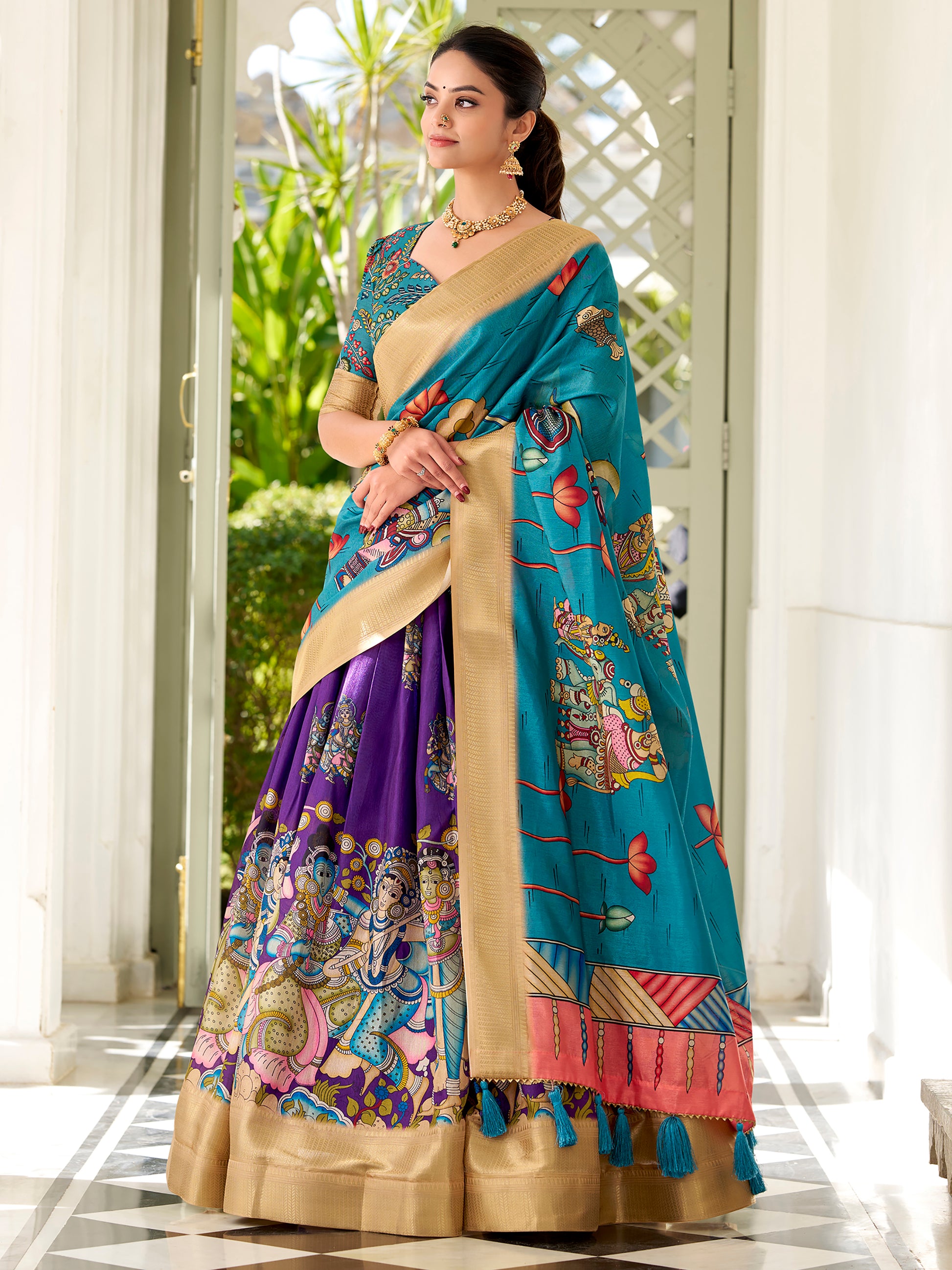 Charming Purple Kalamkari Printed Dola Silk Lehenga Choli
