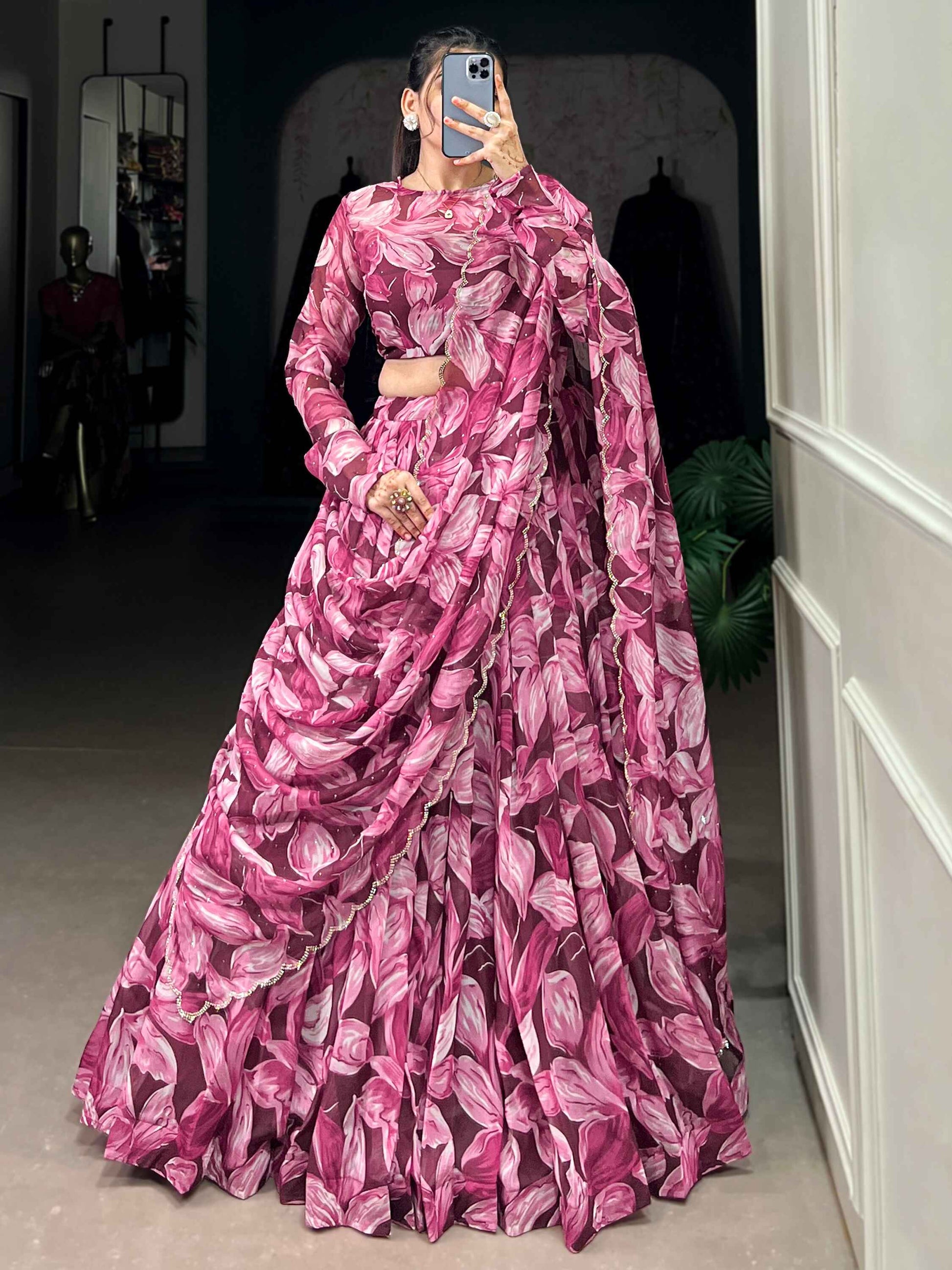 Wondrous Wine Digital Printed Silk Festival Wear Lehenga Choli