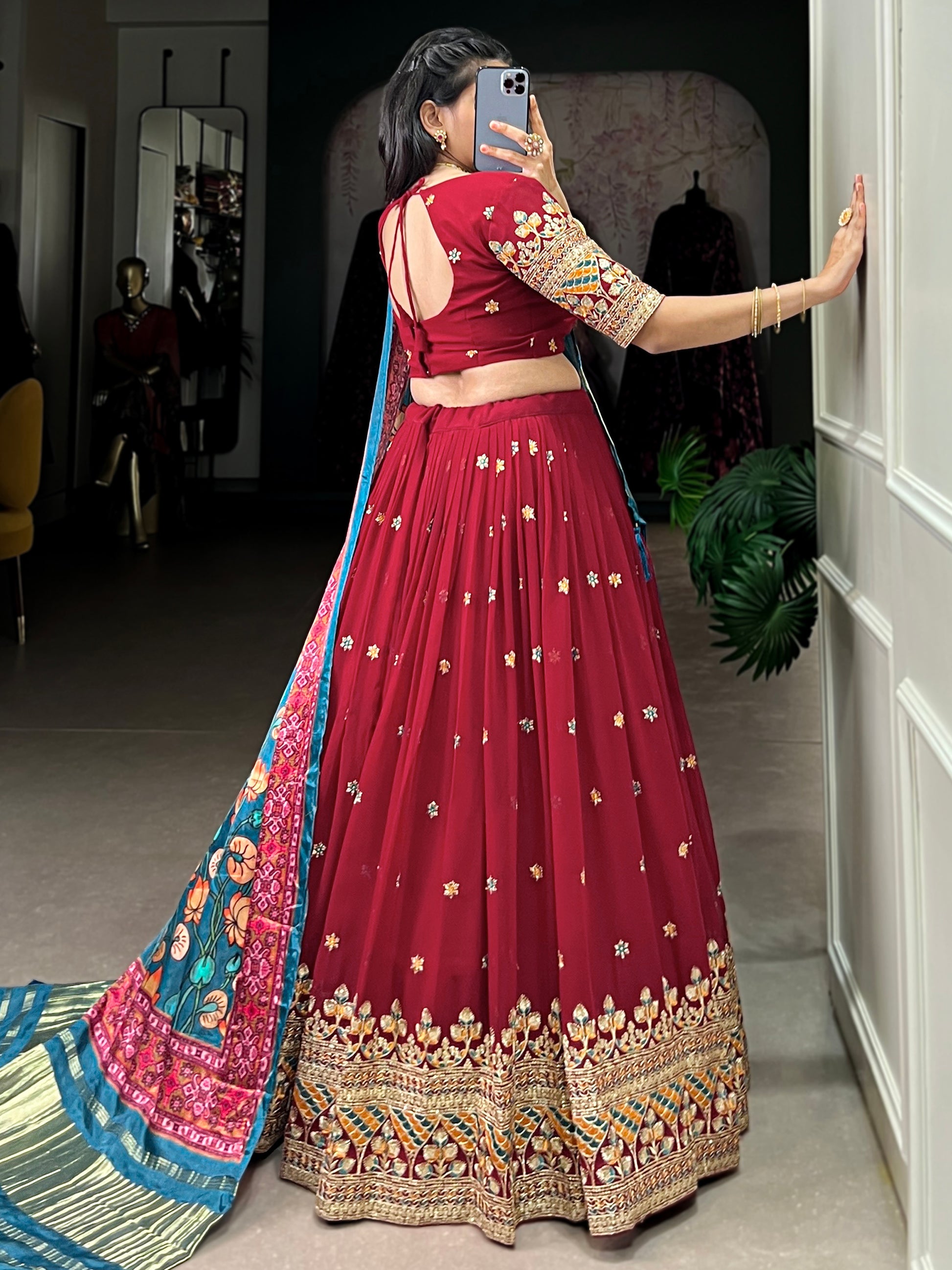 Attractive Maroon Thread Work Georgette Wedding Wear Lehenga Choli