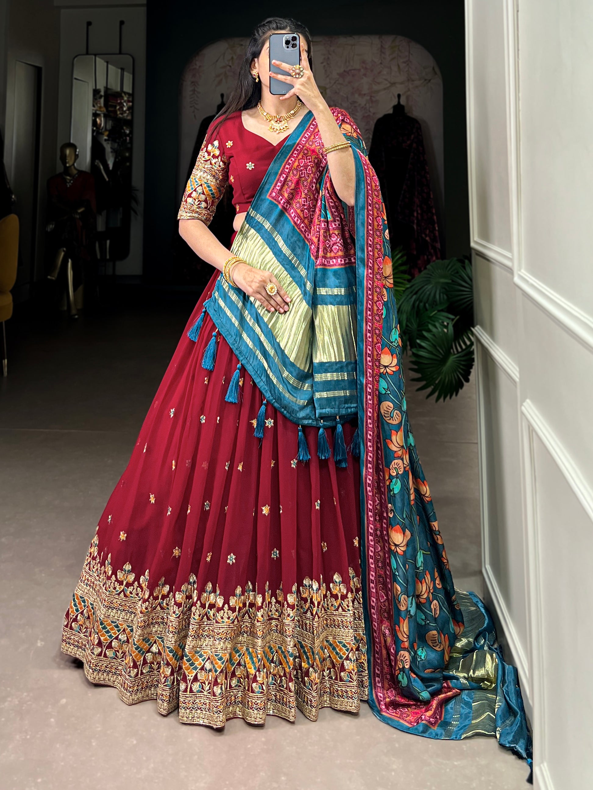Attractive Maroon Thread Work Georgette Wedding Wear Lehenga Choli