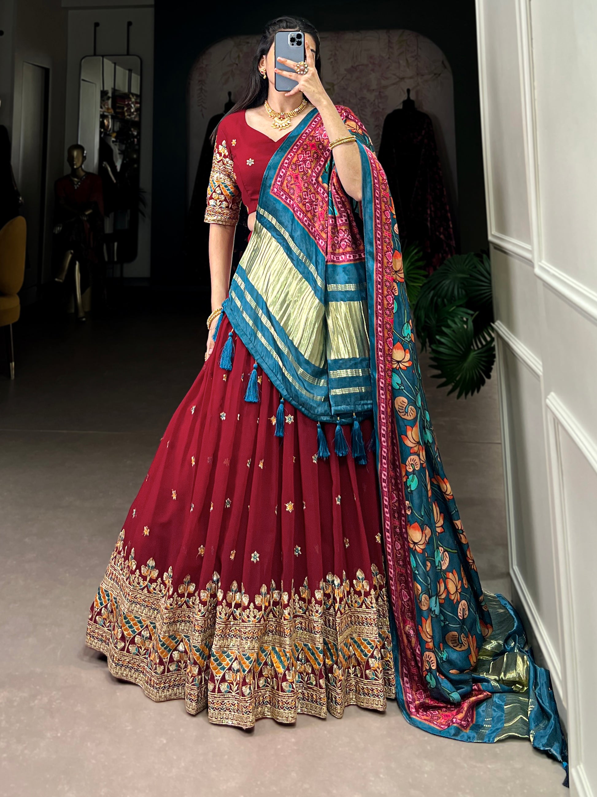Attractive Maroon Thread Work Georgette Wedding Wear Lehenga Choli