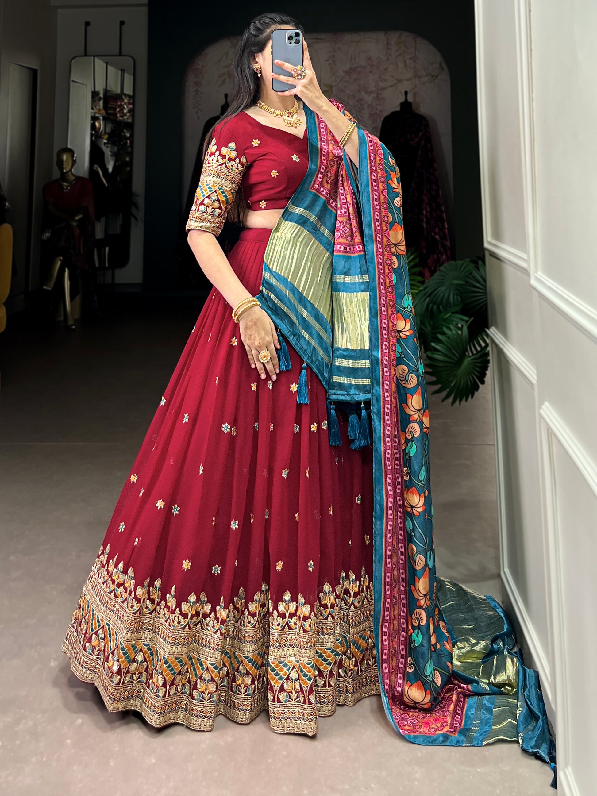 Attractive Maroon Thread Work Georgette Wedding Wear Lehenga Choli