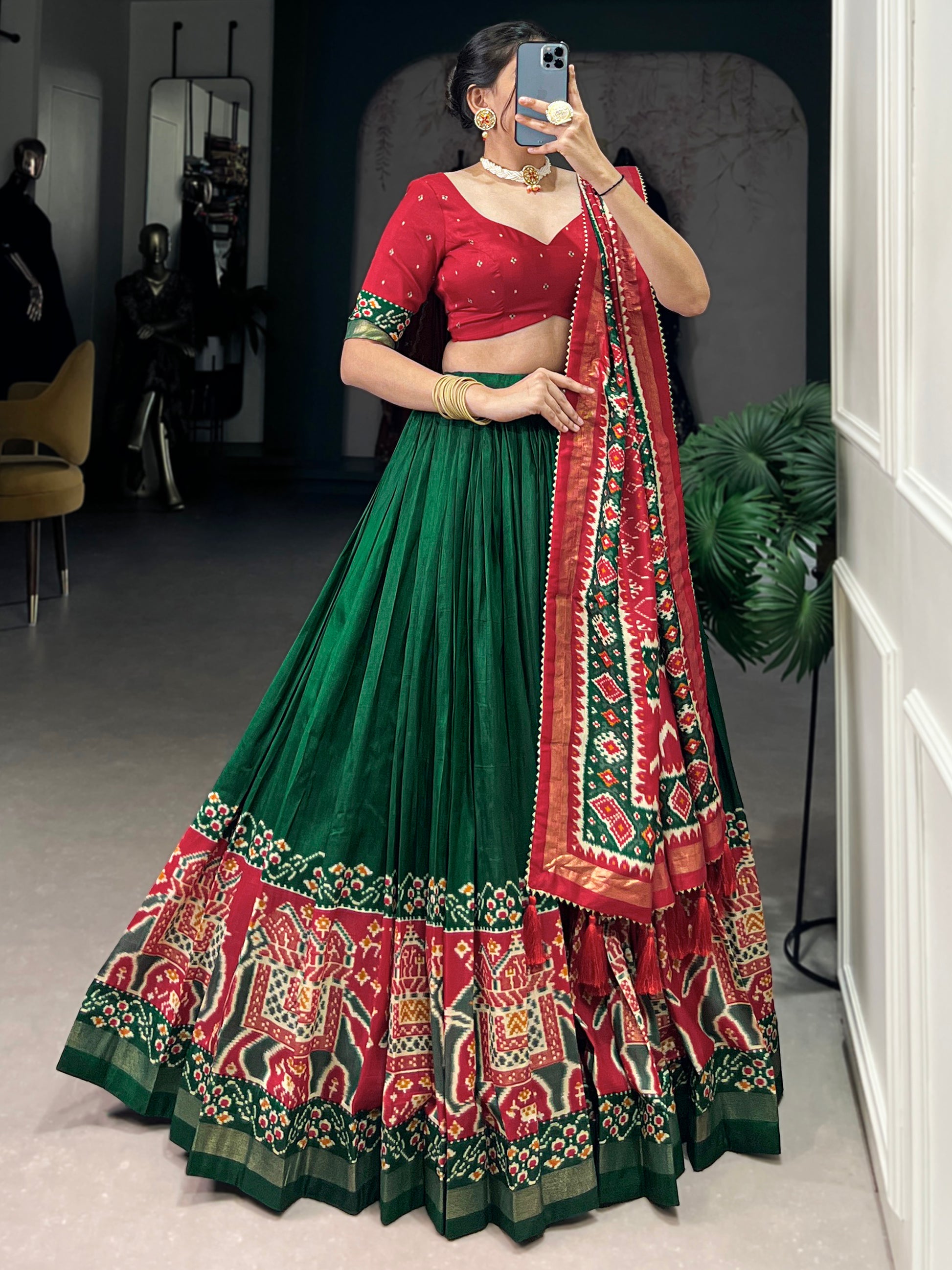 Astonishing Green Patola Printed Tussar Silk Traditional Lehenga Choli