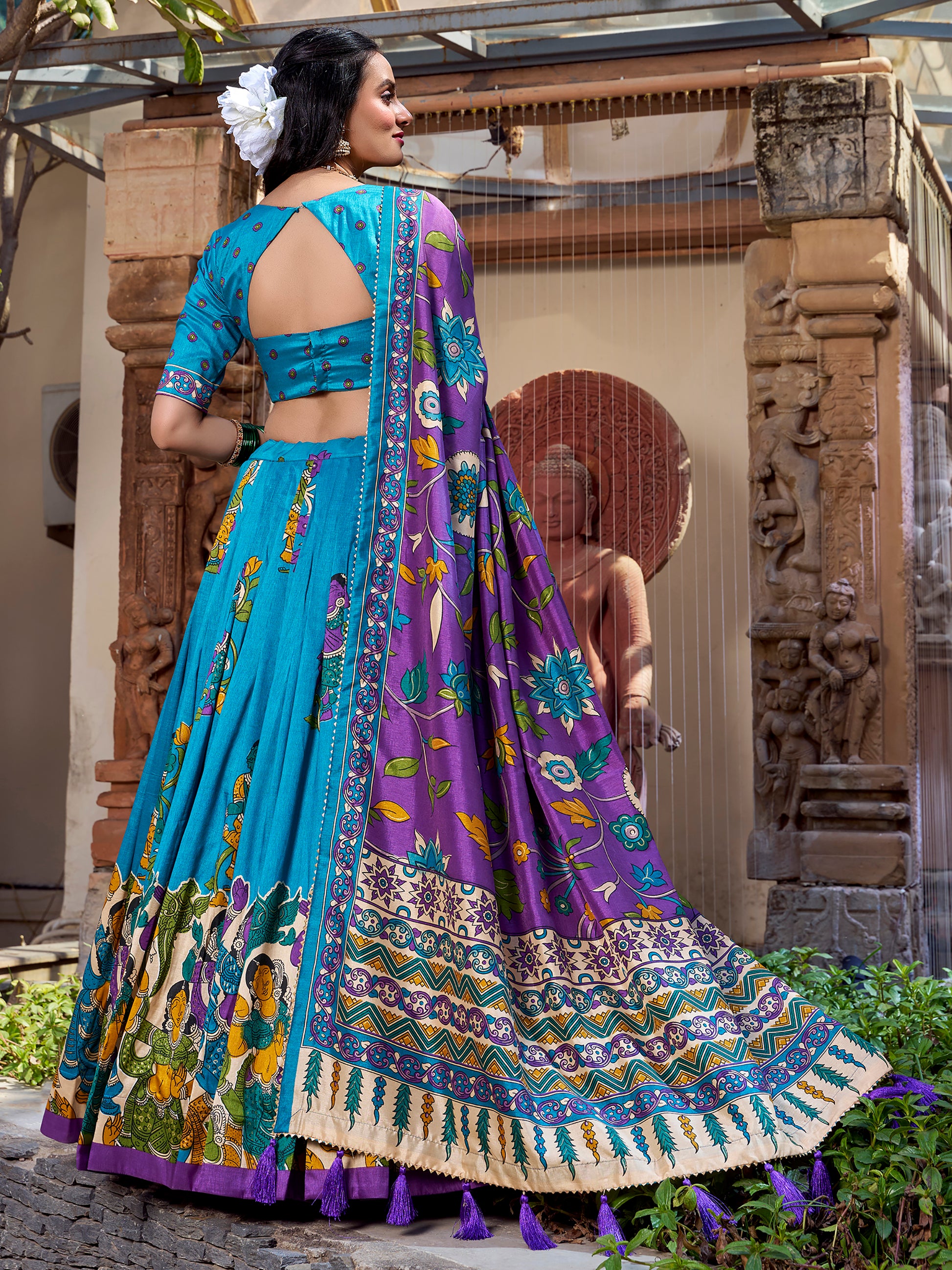 Enchanting Sky-Blue Kalamkari Printed Tussar Silk Lehenga Choli