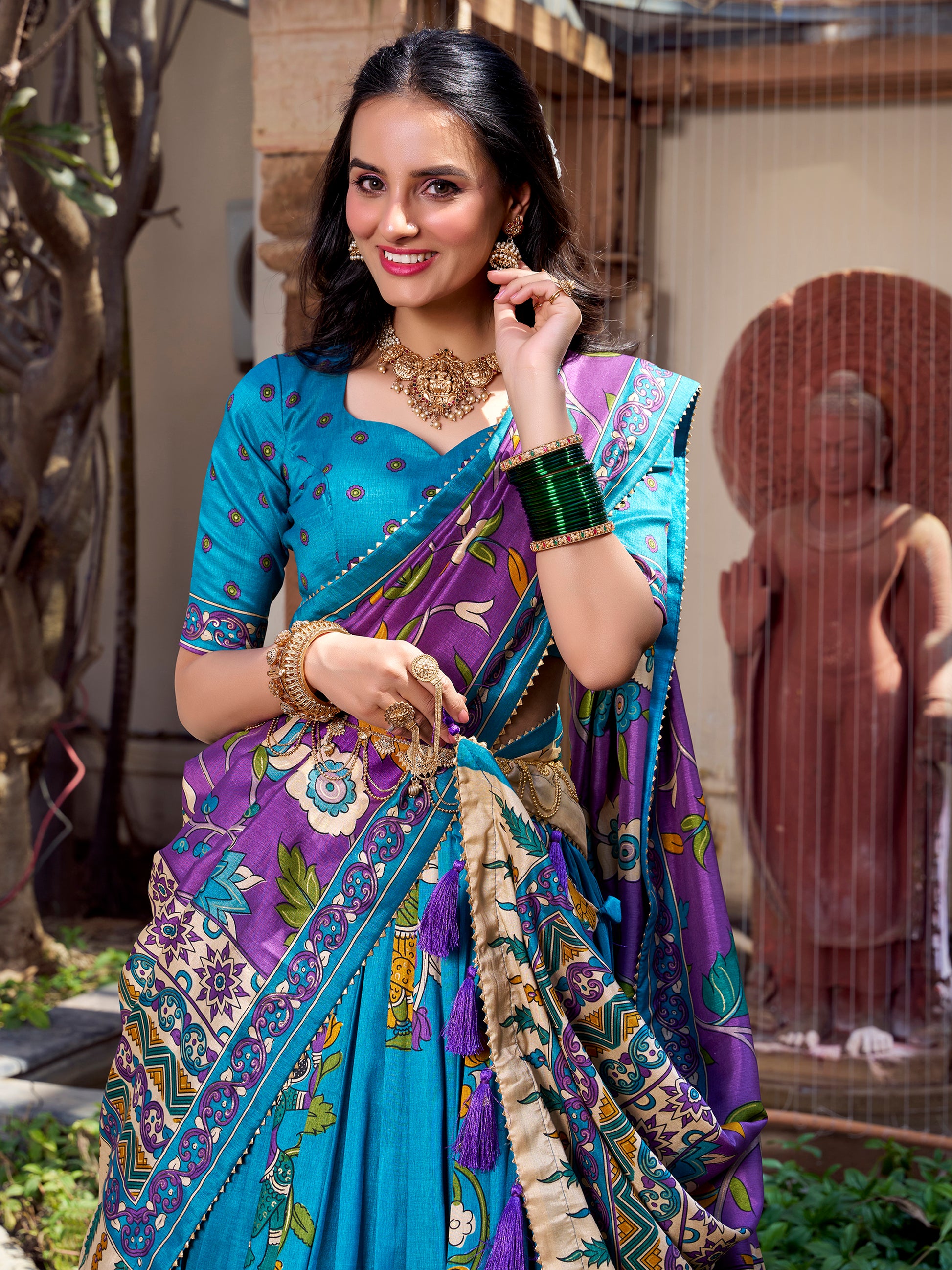 Enchanting Sky-Blue Kalamkari Printed Tussar Silk Lehenga Choli