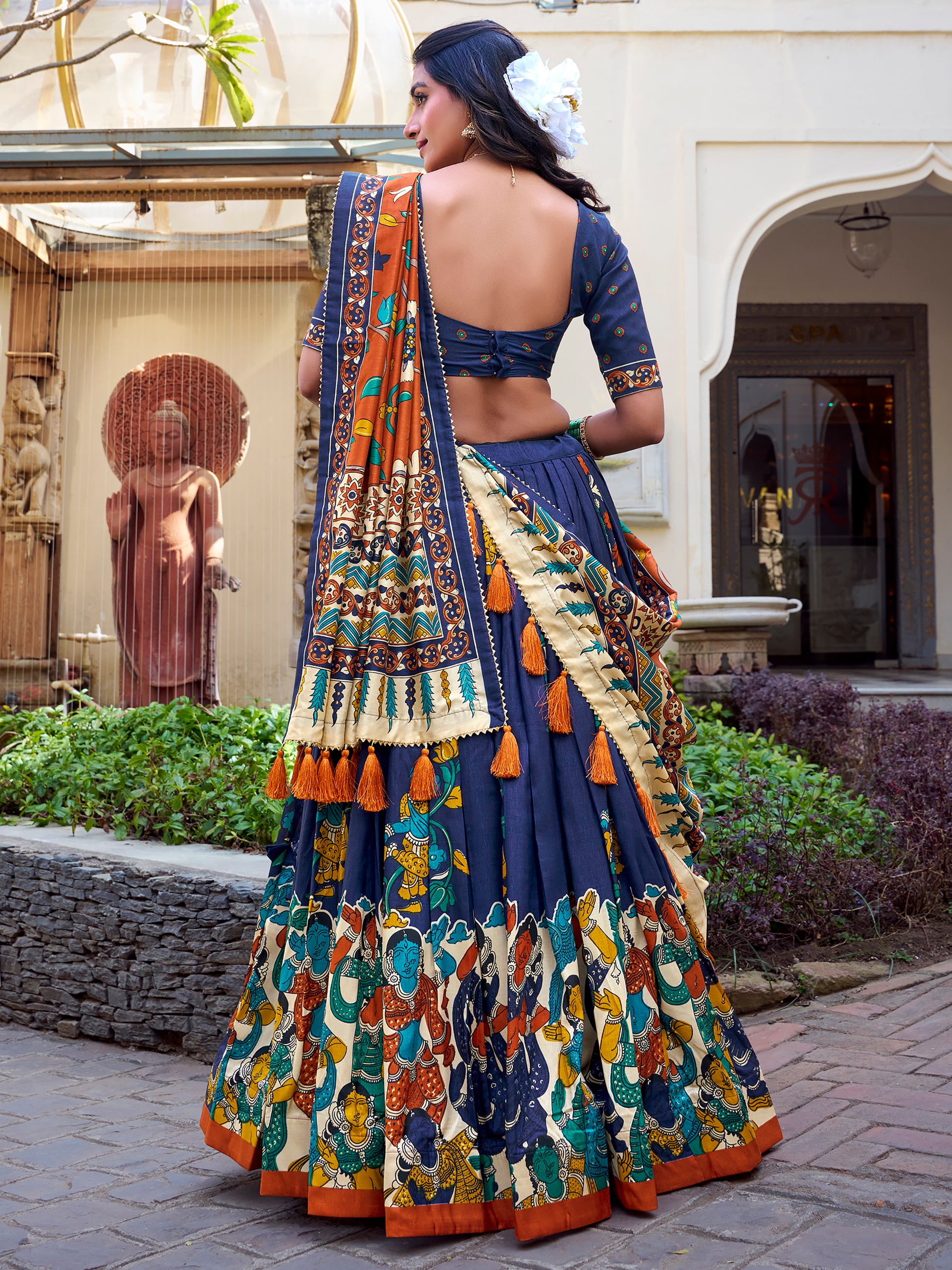 Classic Navy Blue Kalamkari Printed Silk Lehenga Choli With Dupatta