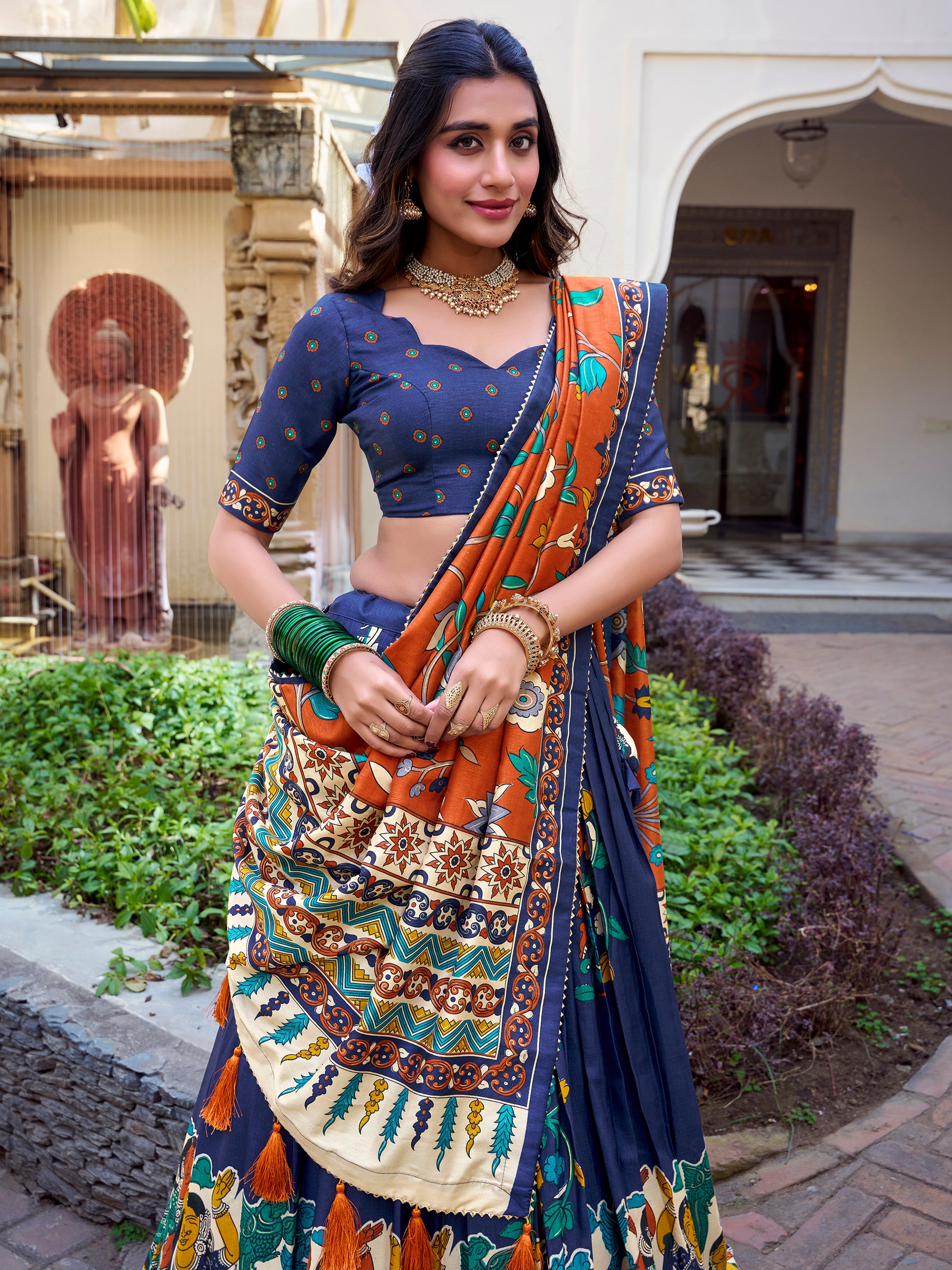 Classic Navy Blue Kalamkari Printed Silk Lehenga Choli With Dupatta
