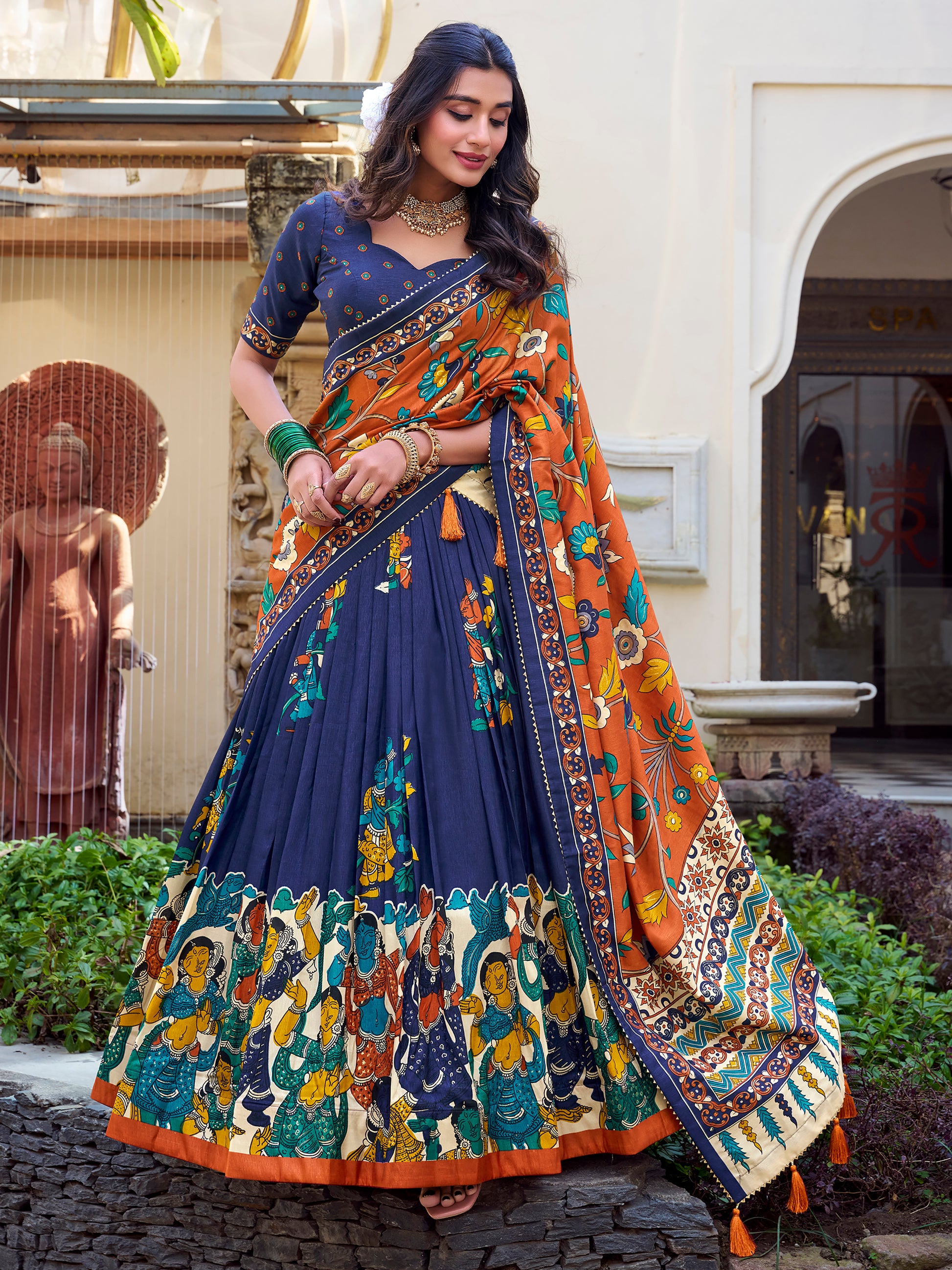 Classic Navy Blue Kalamkari Printed Silk Lehenga Choli With Dupatta