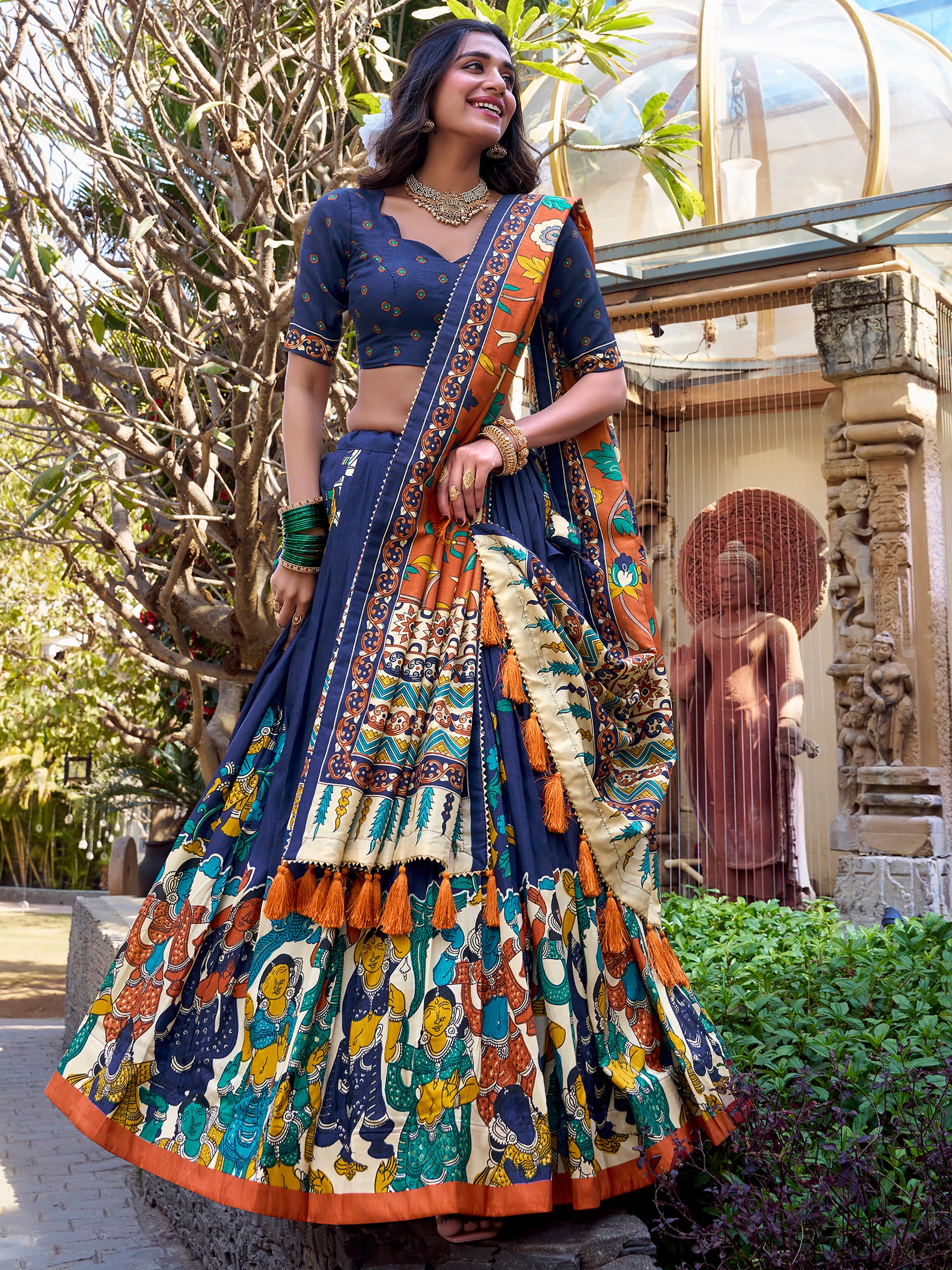Classic Navy Blue Kalamkari Printed Silk Lehenga Choli With Dupatta