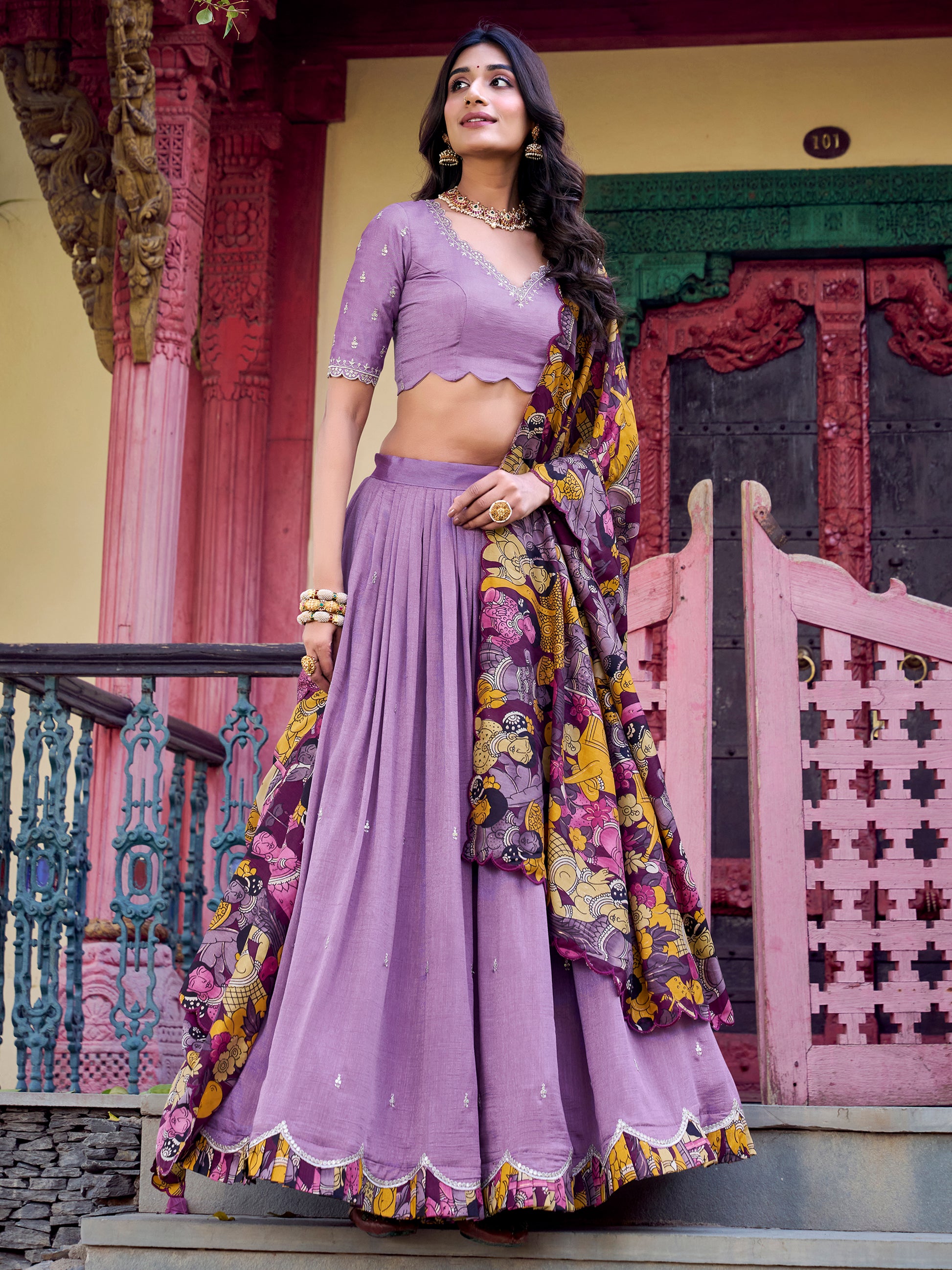 Incredible Lavender Thread Work Silk Festival Wear Lehenga Choli